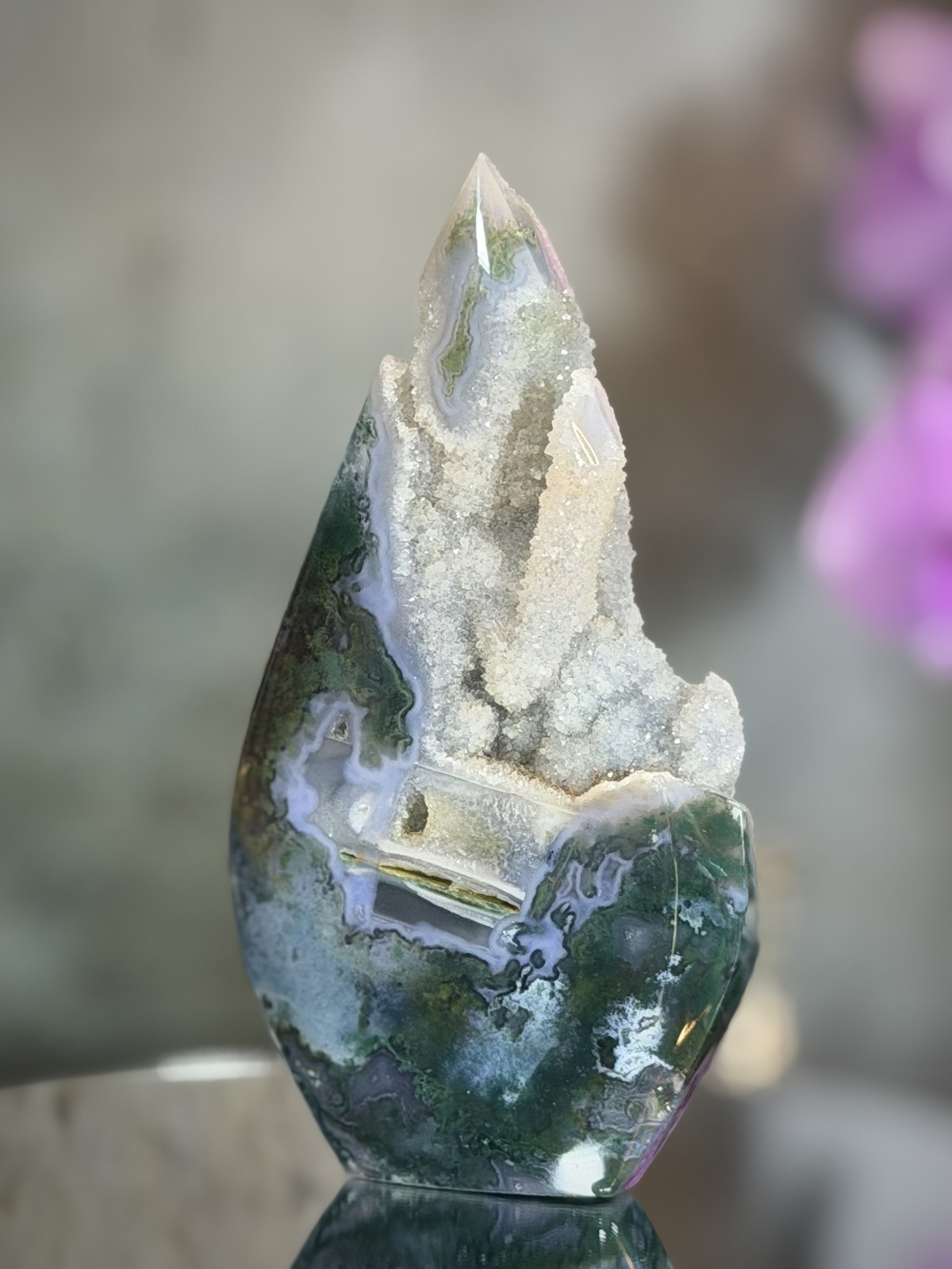 Moss Agate Freeform with Druzy Crystal