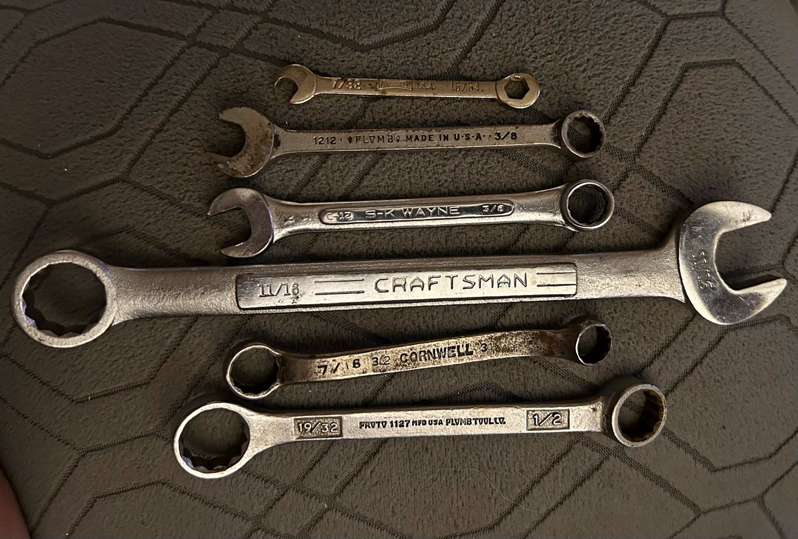 Vtg USA Wrench Lot 8 Pc - Indestro Half Moon, Fairmount, Plomb, S-K, Cornwell