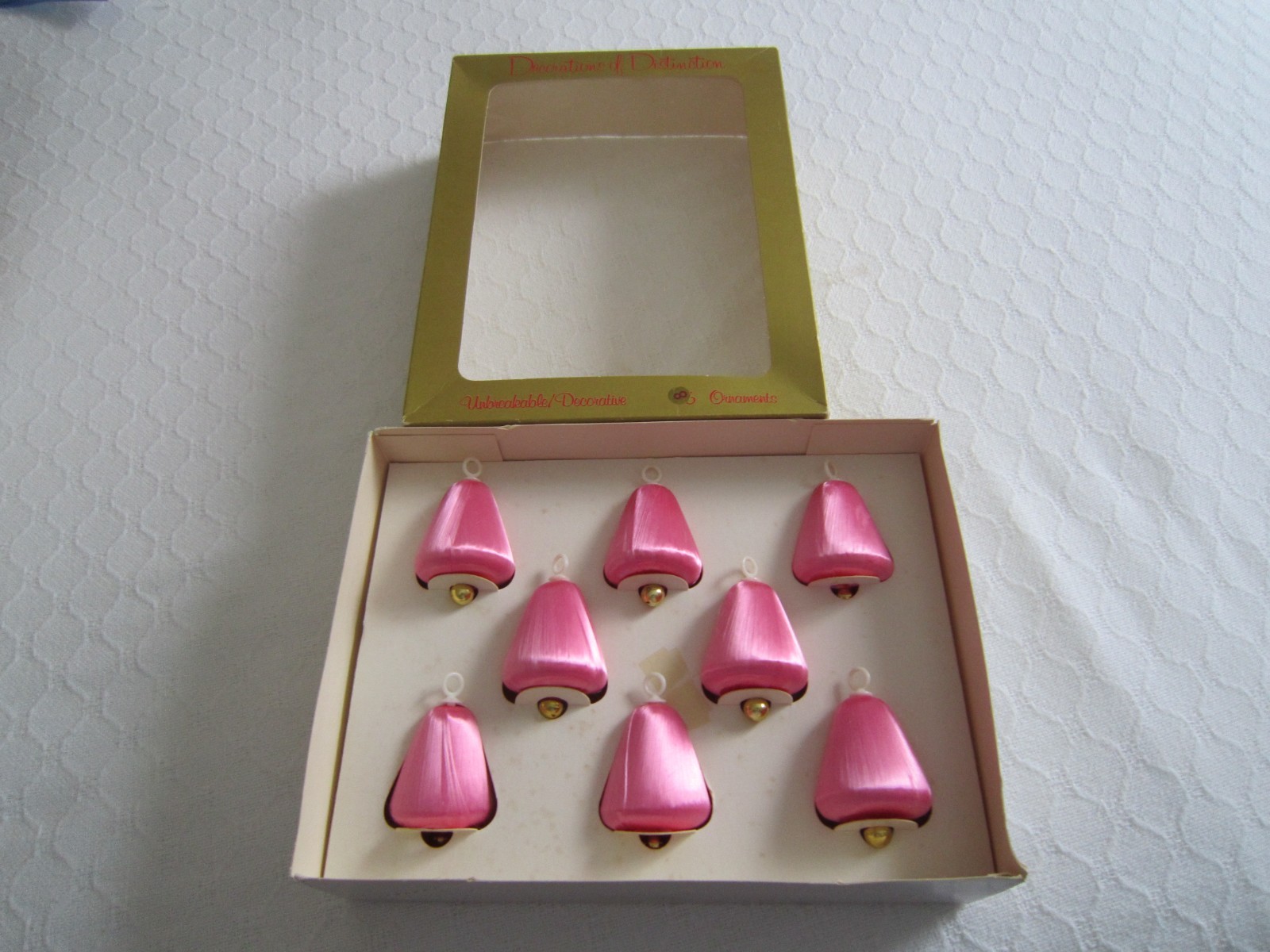 8 Vintage RAUCH Pink Satin BELL ORNAMENTS w/Original Box