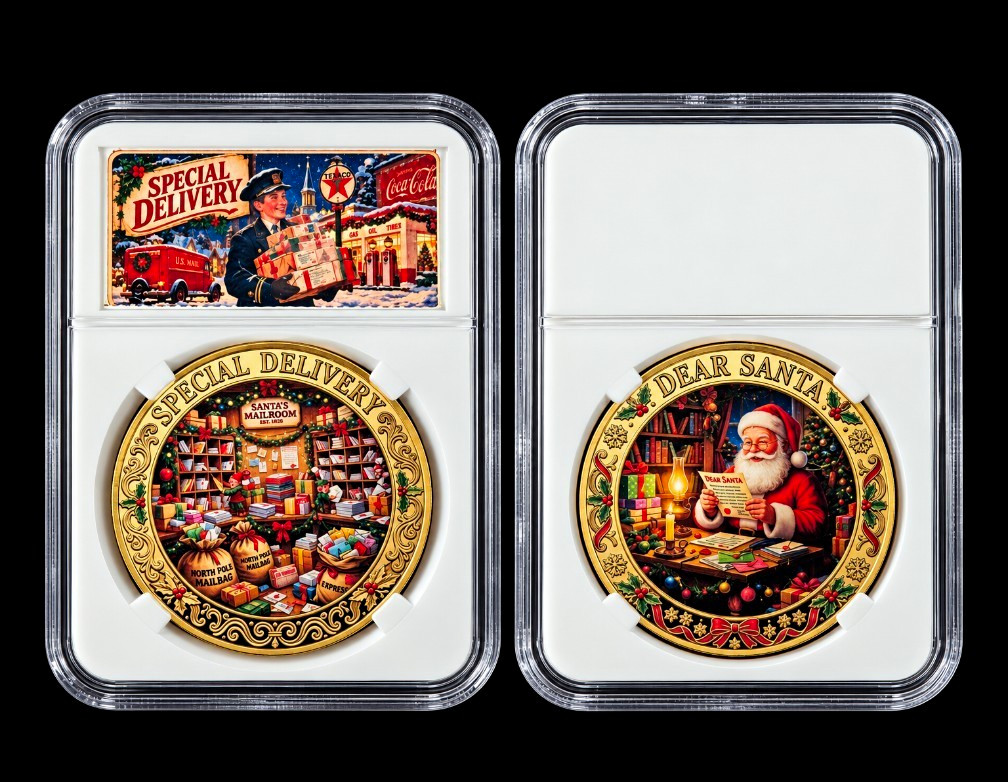Vintage-Style Christmas Round Dear Santa Special Delivery Gold Tone Slabbed