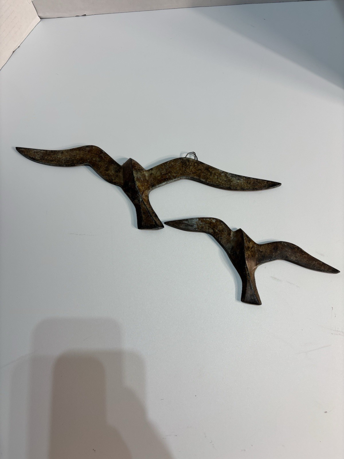 Vtg MCM Flying Birds Wall Art Decor Set Of 2 Seagulls Cast Iron Brown & Patina