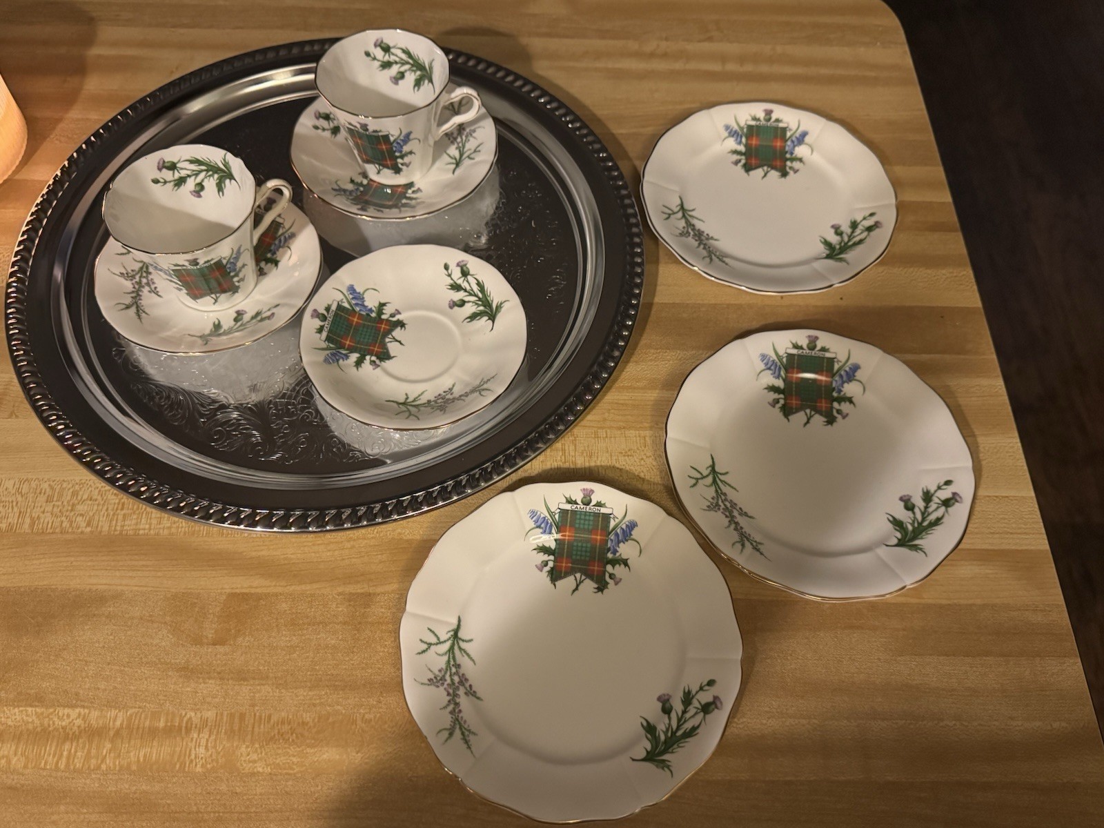 Vintage Adderley Bone China Scottish Clan Cameron Tartan Teacups & Plates Lot