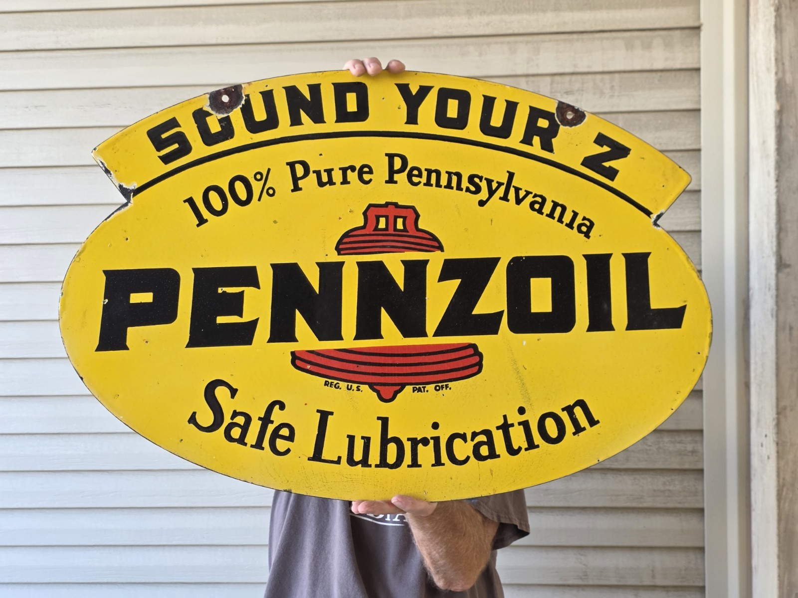 NEW PURCHASE GIANT VINTAGE 1950'S PENNZOIL PORCELAIN DOUBLE-SIDED SIGN 30 X 20 