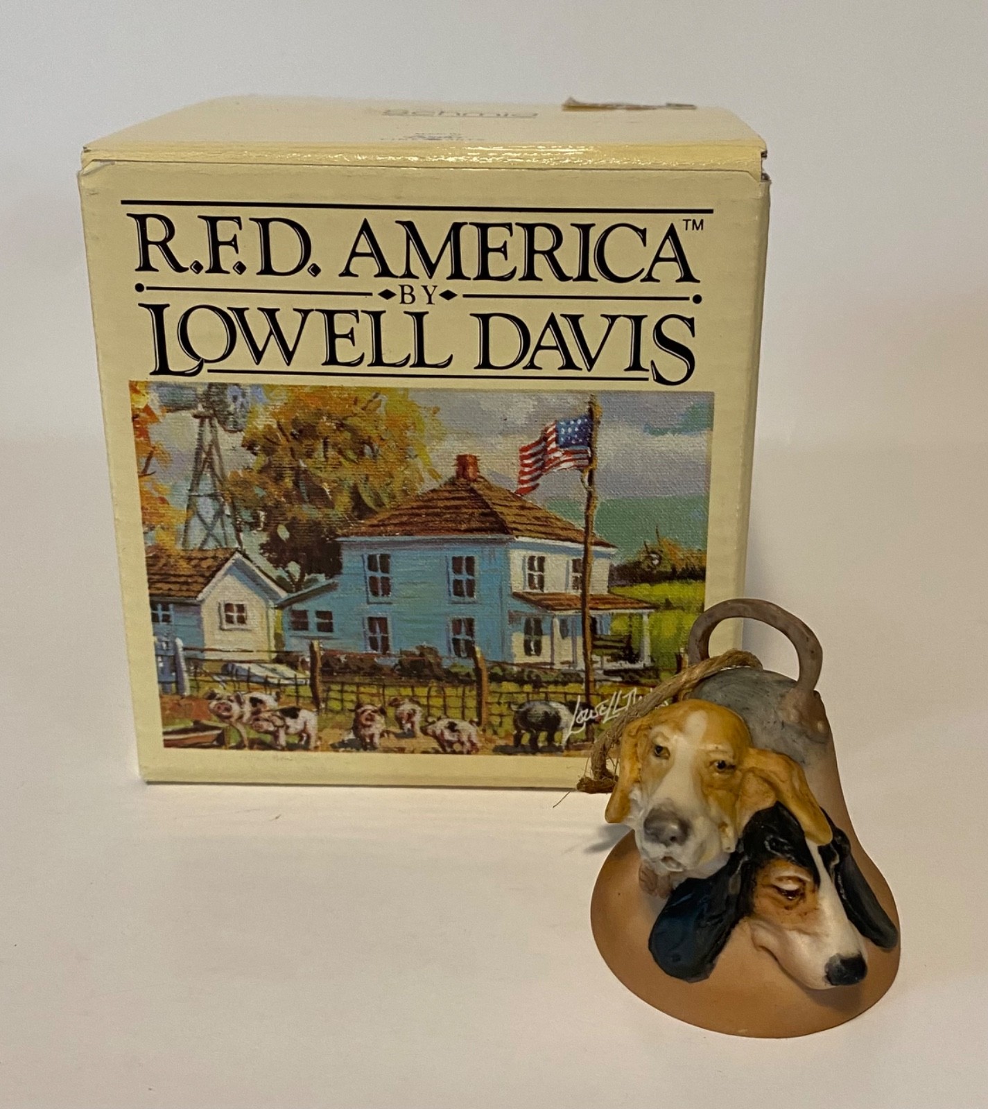 Vtg RFD America Lowell Davis Old Blue & Lead Dogs Small 2” Bell Ornament & Box