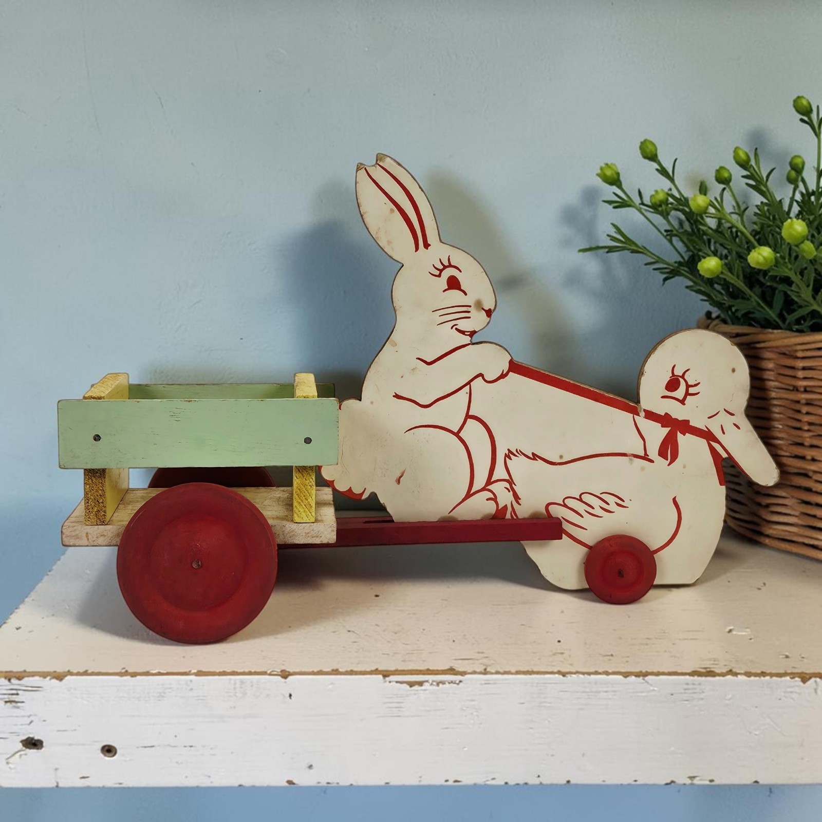 VTG Bunny & Duck Chick & Wagon Primitive Folk Art Toy Easter Candy Container 12\