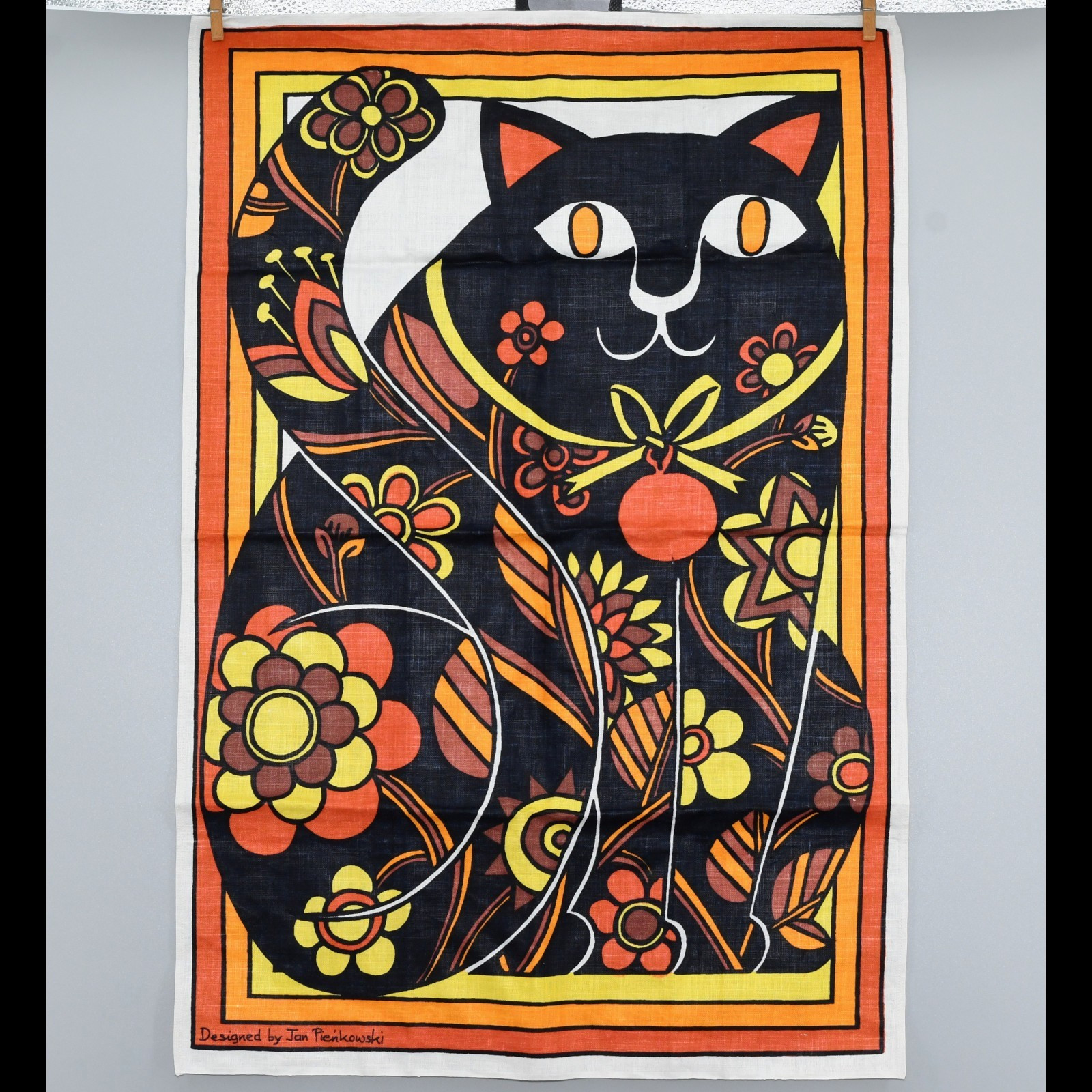 Vintage 1960s Jan Pienkowski Black Cat Linen Tea Towel Poland MCM Halloween