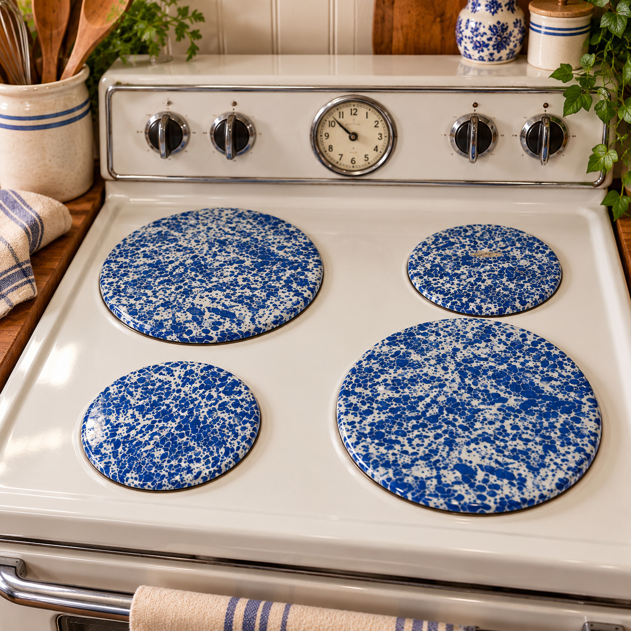 VTG c. 1930s–1940s Blue & White Splatter Enamelware Stove Burner Covers – Set 4