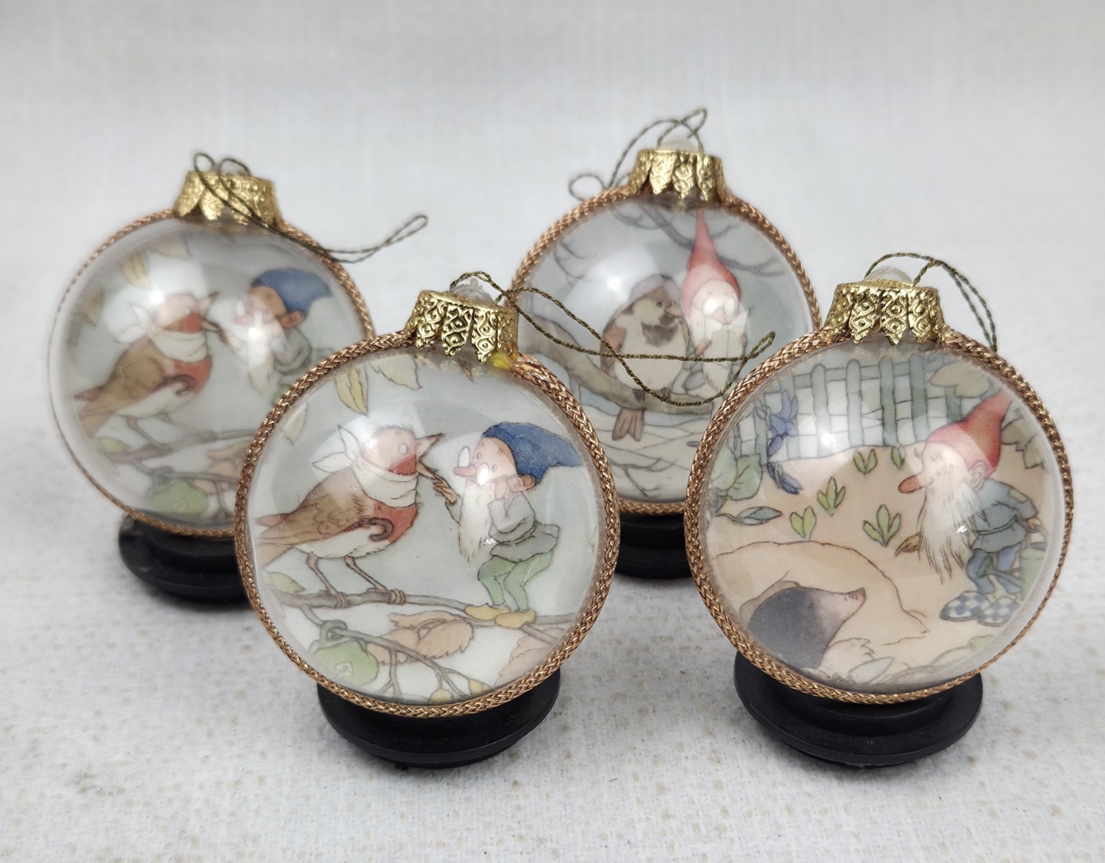 4 VTG West Germany Christmas Plastic Dome Ornaments Gold Trim Litho Gnome Elf