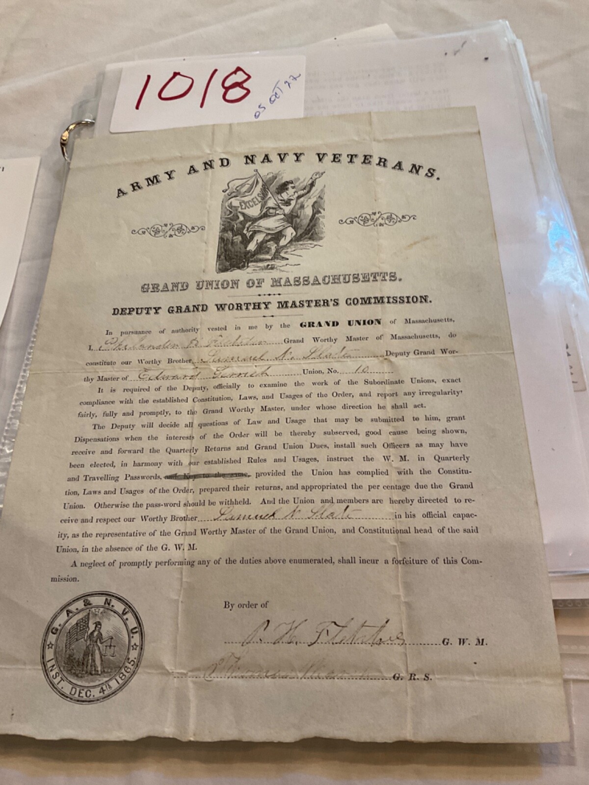 1018 CIVIL WAR ARMY & NAVY VETERANS OFFICER COMMISSION FITCHBURG MA GRAND UNION