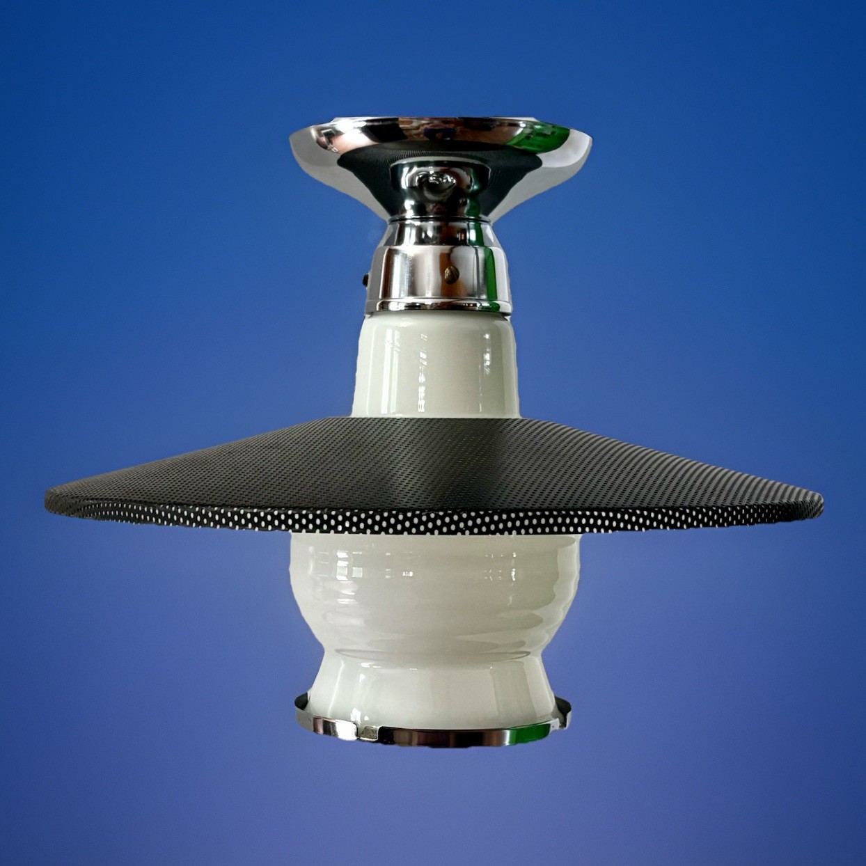 Vtg Space Age Atomic Saucer MCM Retro Ceiling Light Fixture Chrome Black White