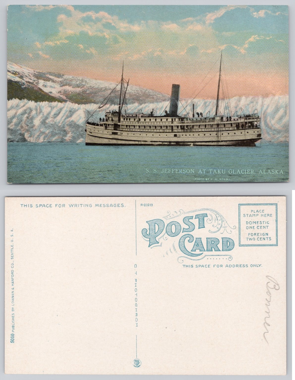S.S. Jefferson Taku Glacier Alaska Steamer Ship Vintage Postcard Nowell Photo