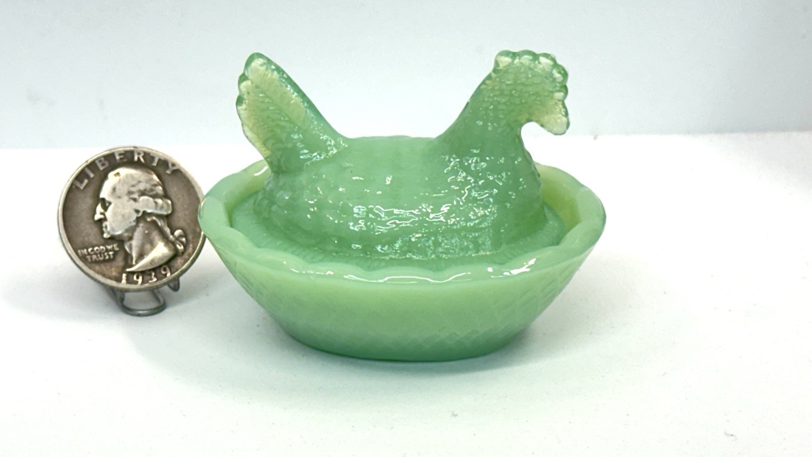 Jadeite Jadite Green Glass Miniature Hen on Nest Salt Cellar Trinket Dish
