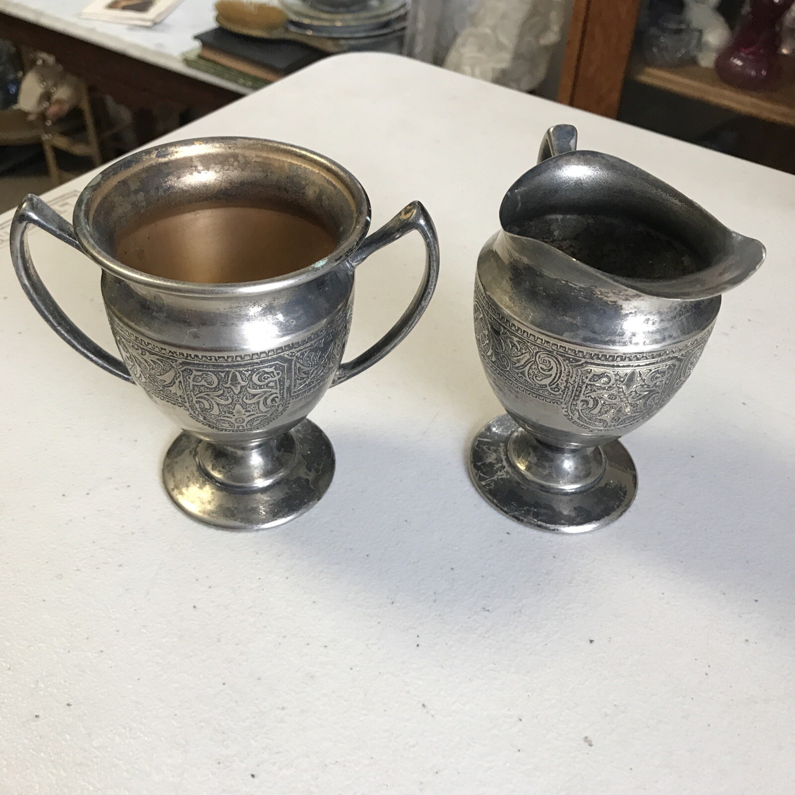 Antique EPNS Silver Plated Creamer & Sugar Bowl LB Lion English