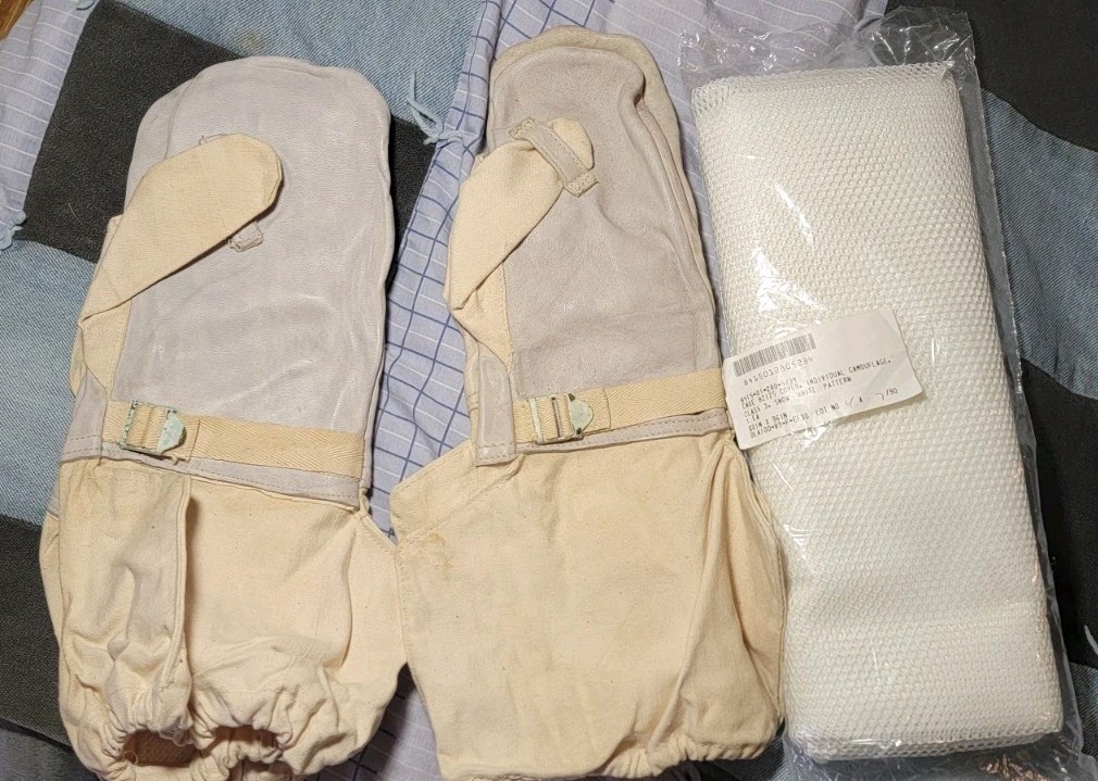 2 PR-VTG British Snow Over-Mitten Canvas Leather Glove Trigger Finger+CAMO Net