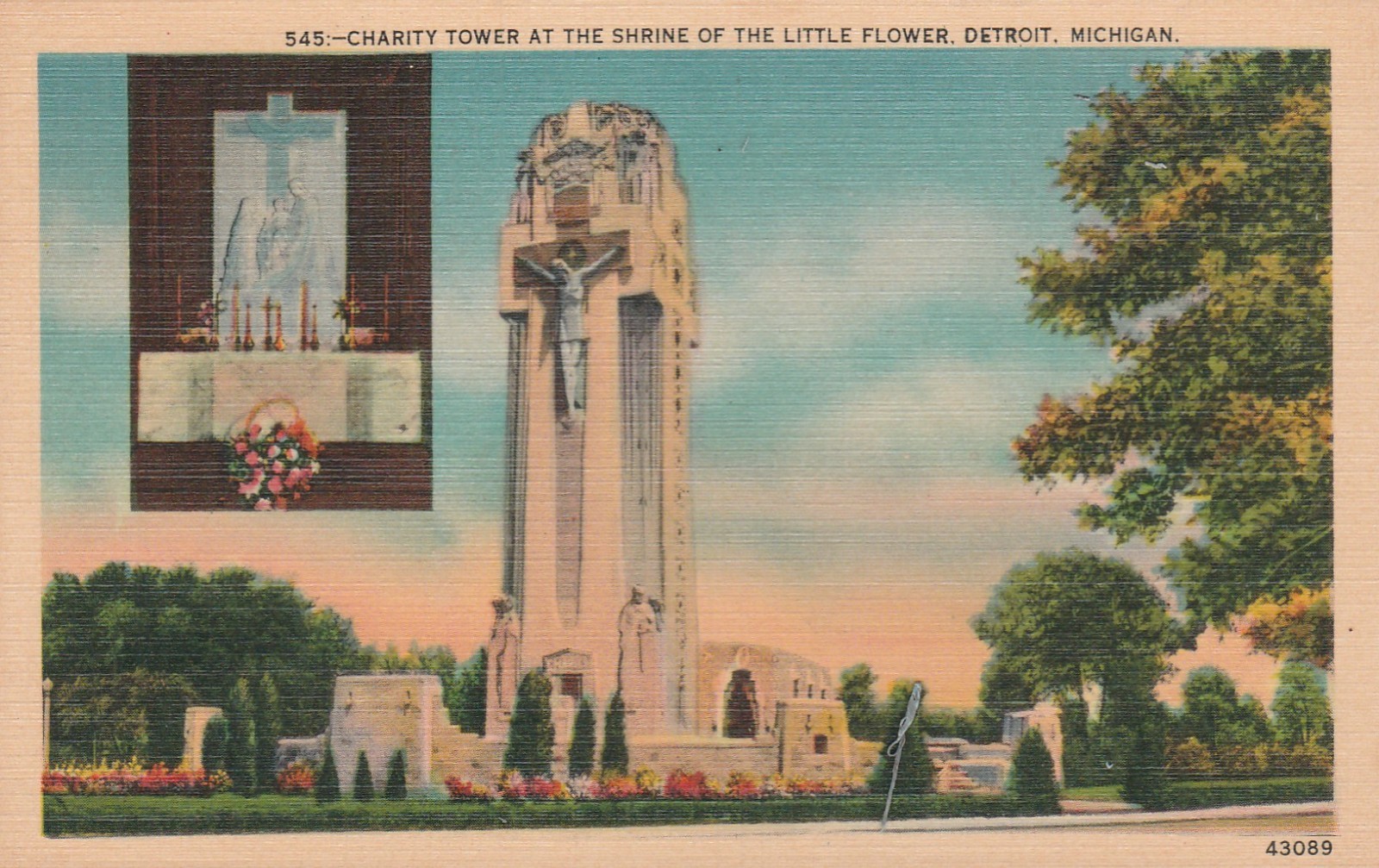 Charity Tower at the Shrine of the Little Flower Postcard  Detroit, Michigan