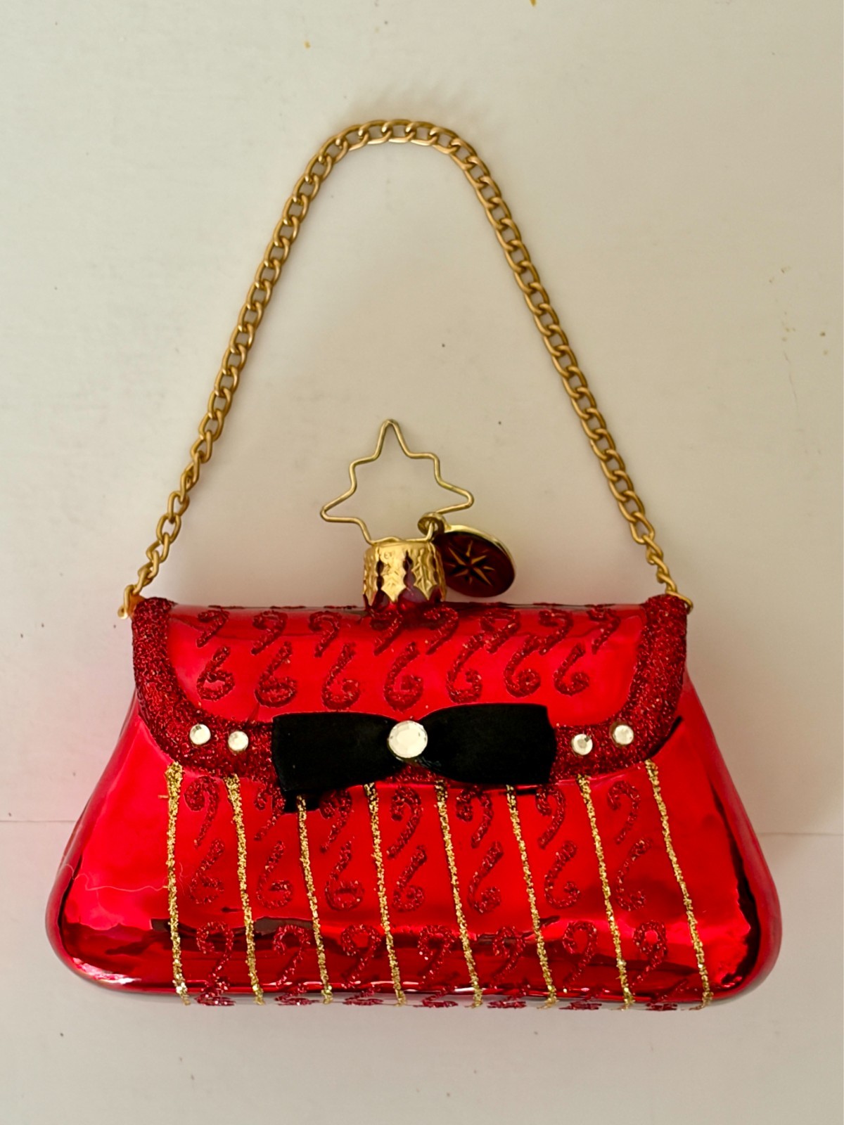 VERY RARE Christopher Radko Red Purse Ornament w/ Strap & Black Bow
