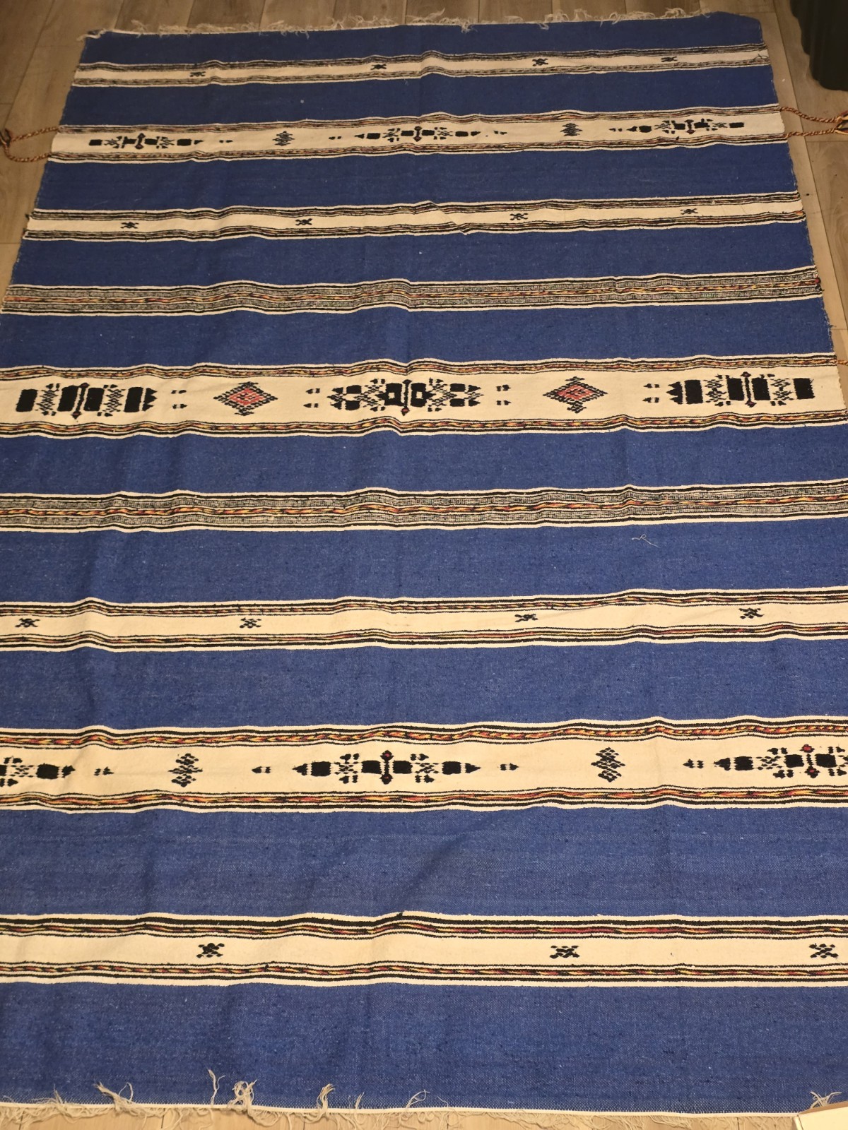VTG 70s Mexican Zapotec Style Flatweave Rug Cobalt Blue Geometric Huge 114x64