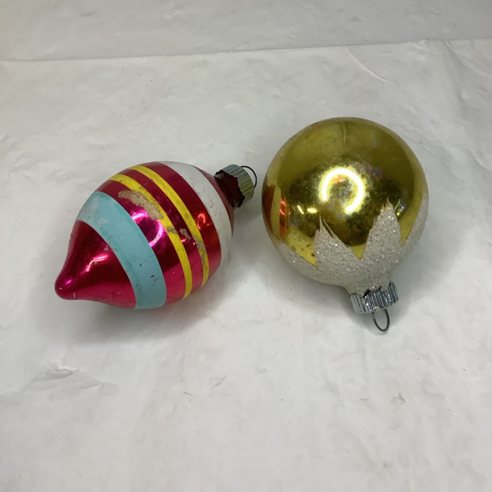 VTG Shiny Brite Ornaments 8c Caps Mica Ball Striped Teardrop 