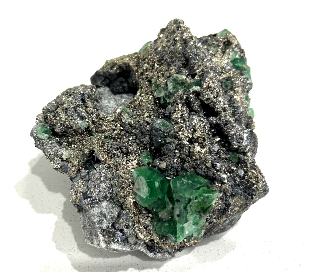 GREEN FLUORITE ON PYRITE - VERY RARE SOURCED FROM PERU
