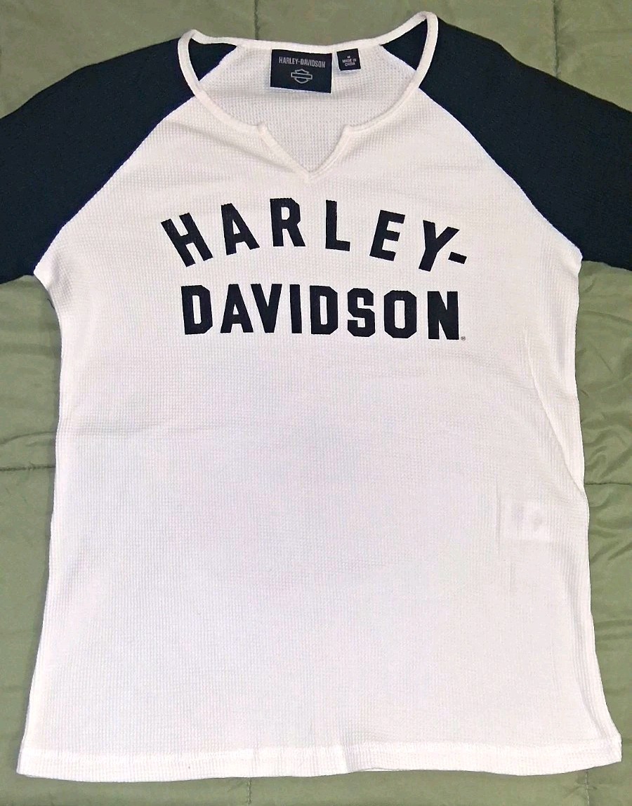 Harley-Davidson Women’s Raglan Long Sleeve Waffle Knit Shirt White/Black Medium