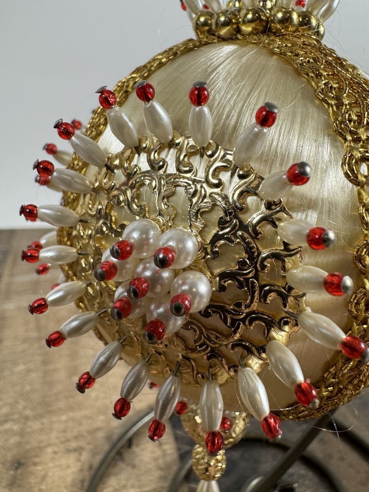 Vintage Beaded & Satin Push Pin Christmas Ornament - Red Gold Pearls Creme