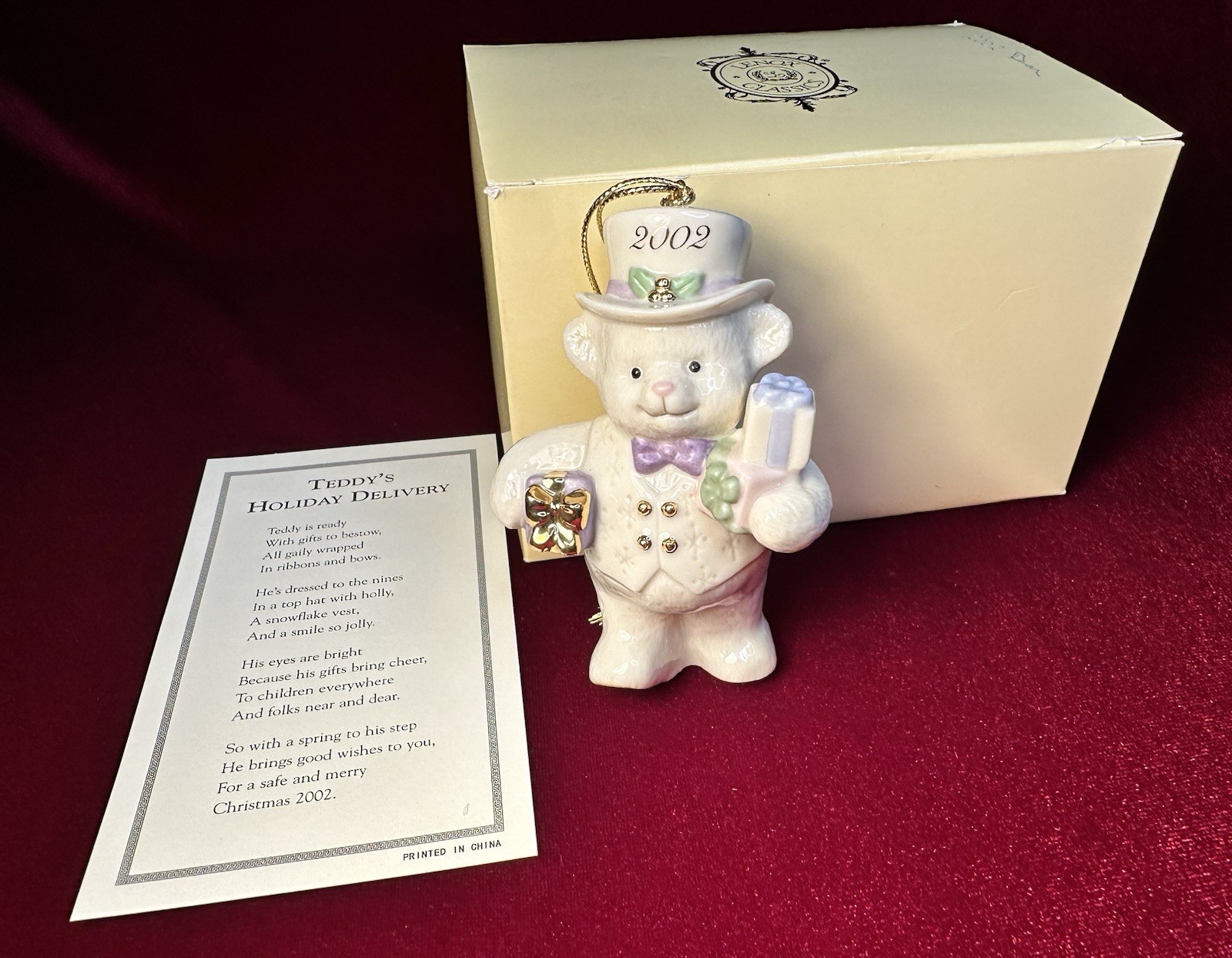 Lenox Teddy’s Holiday Delivery, Bear w/ Presents Christmas 2002 Ornament, w/ Box