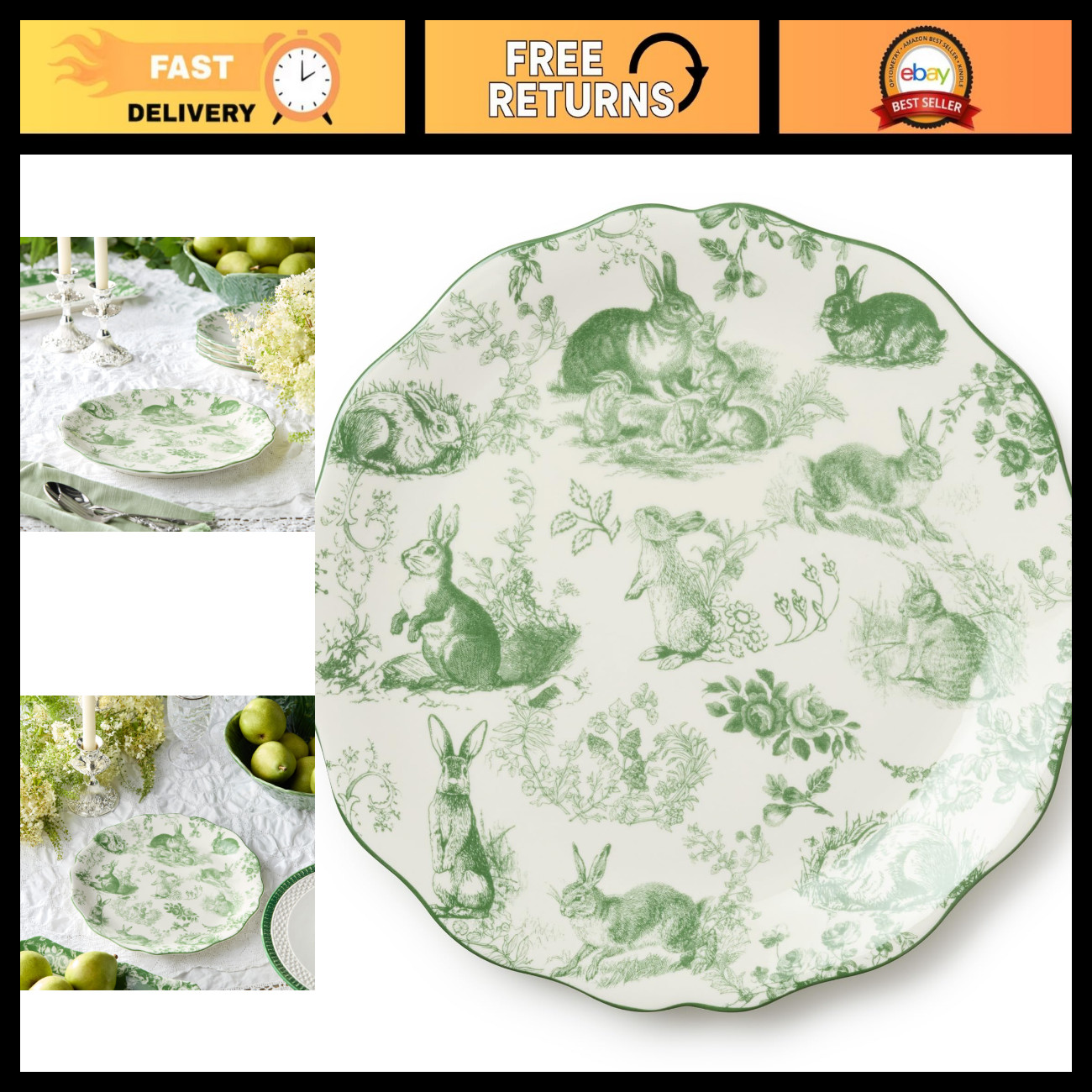Le Jardin 13 Inch ROUND PLATTER – Bunny Stoneware Serving Tray for Appetizers, R