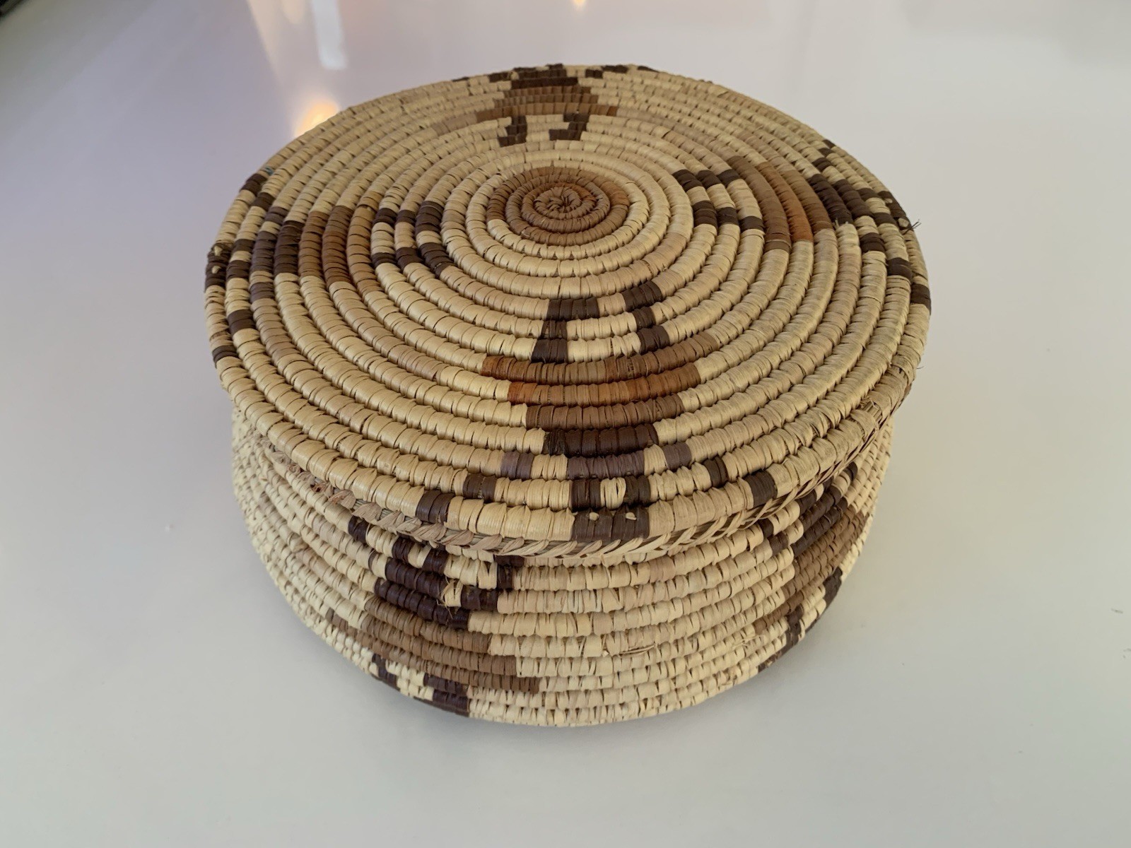 Hand Woven Reed Coil Basket with Lid Medium Size 9.5 Inches