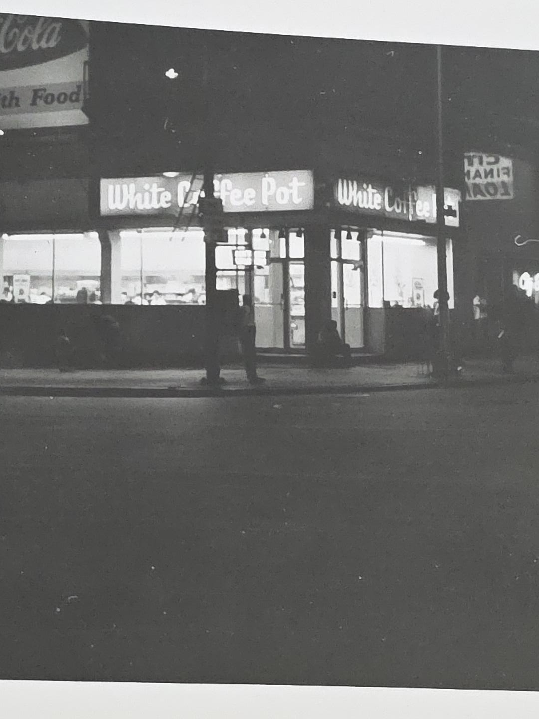 Vintage White Coffee Pot Restaurant Night Photo Coca-Cola Sign Snapshot 4.5x3.5