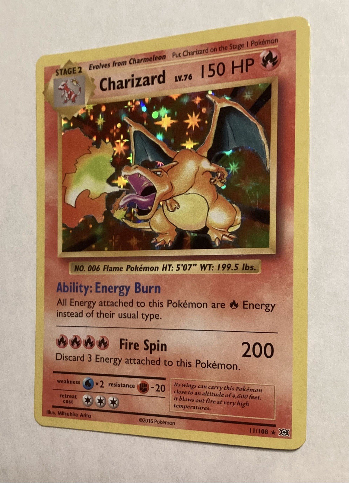 Pokémon 2016 Charizard 11/108 Trading Card Lot with Eevee Card Sleeve +2  free v