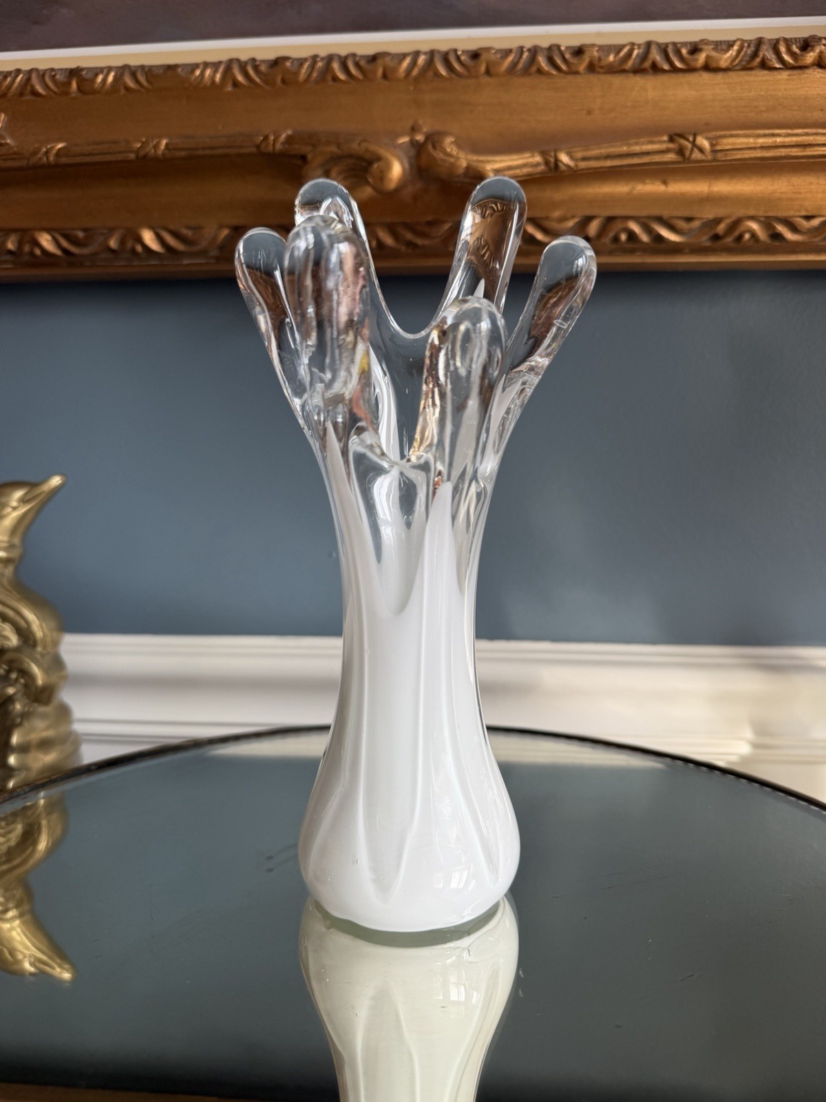 Vintage 9” Sculptural Splash Glass Vase Clear White Cased Organic Finger Design