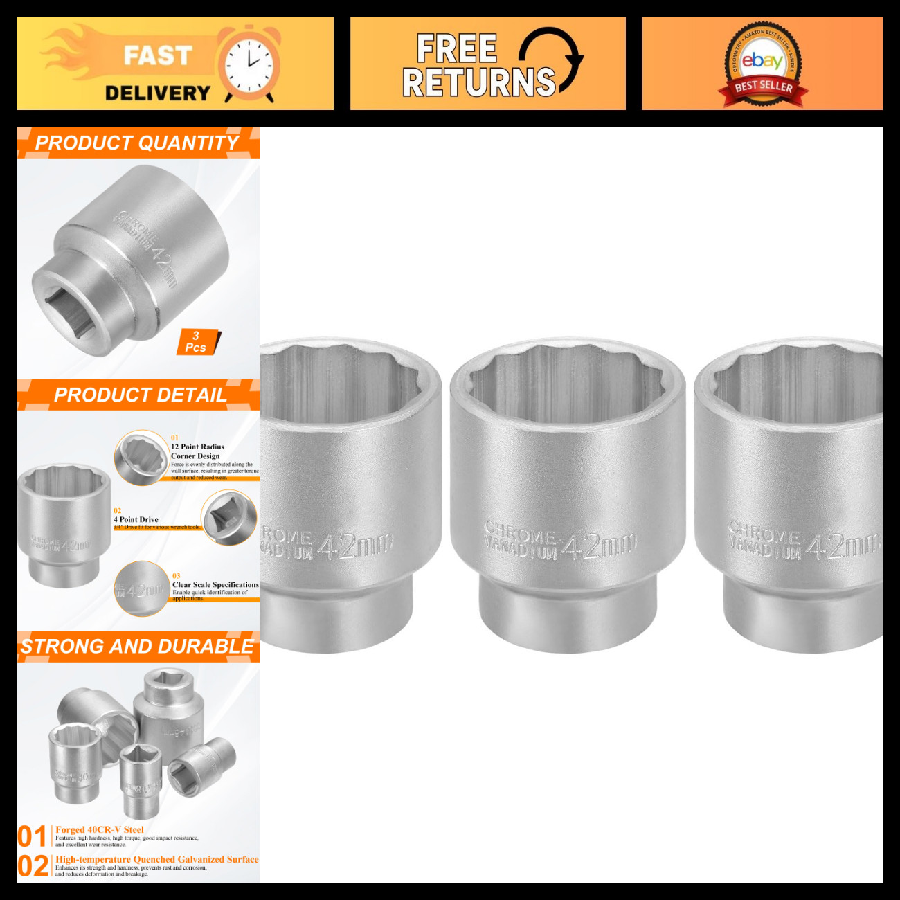 HARFINGTON 3pcs 12 Points Socket 3/4\