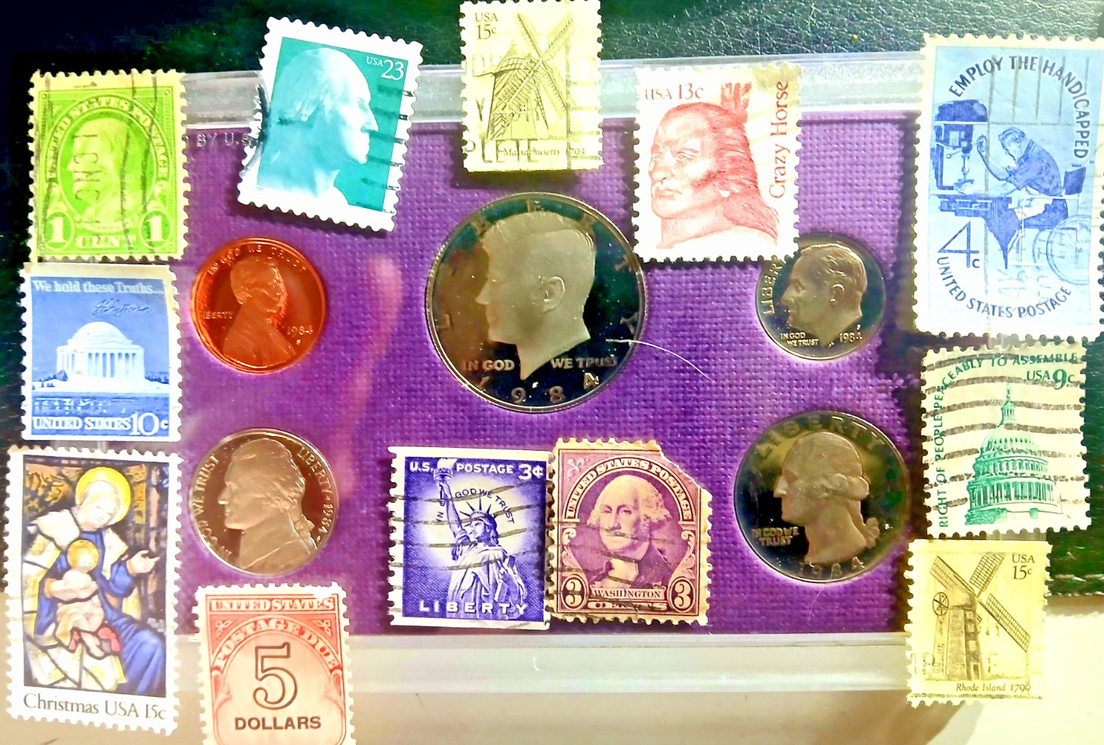 1983 S Proof Set Original Box 5 Coins+Rare US 19stamp mix collection trove combo