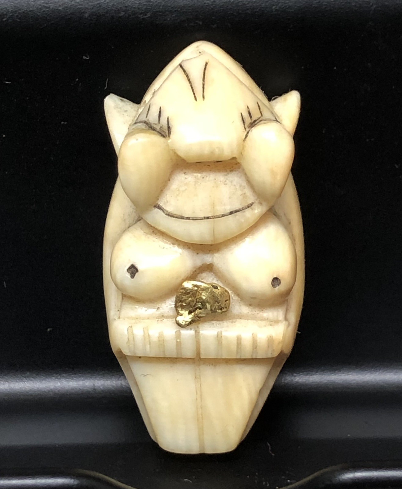Vintage Alaskan Eskimo Carved Billiken Female Figurine with Gold Nugget