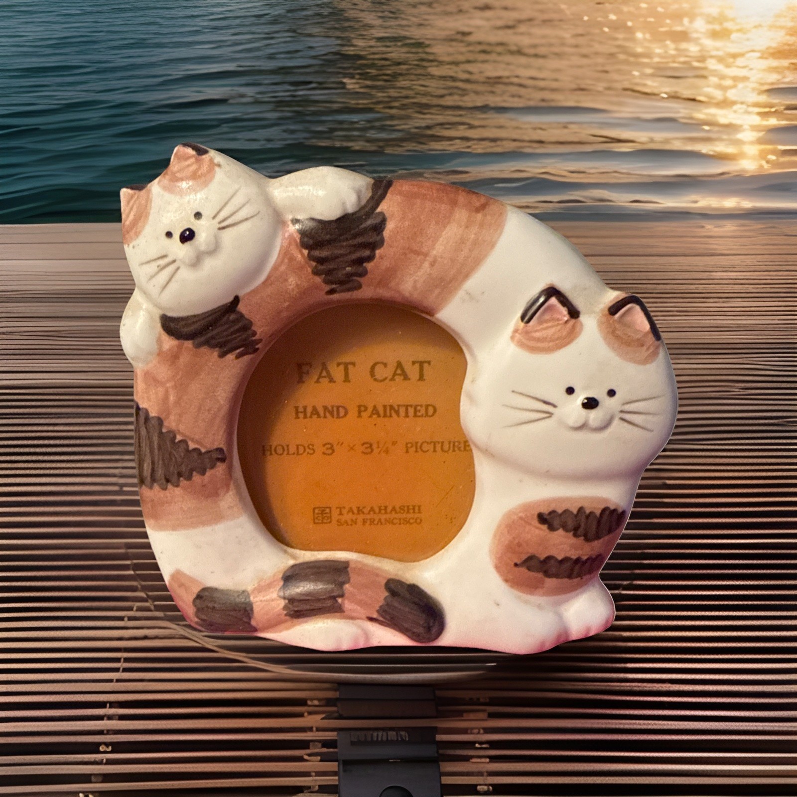 Vtg Takahashi San Francisco “Fat Cat” Hand Painted Ceramic Picture Frame 3” 