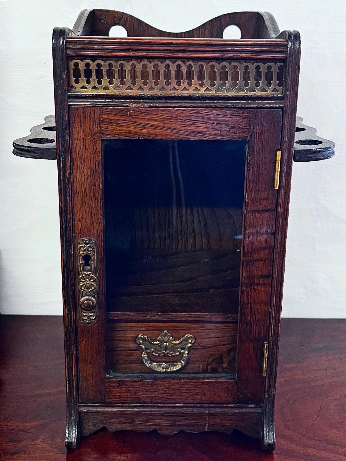 Antique Oak Smoker’s Pipe Cabinet with Folding Pipe Rests Circa 1895-1915