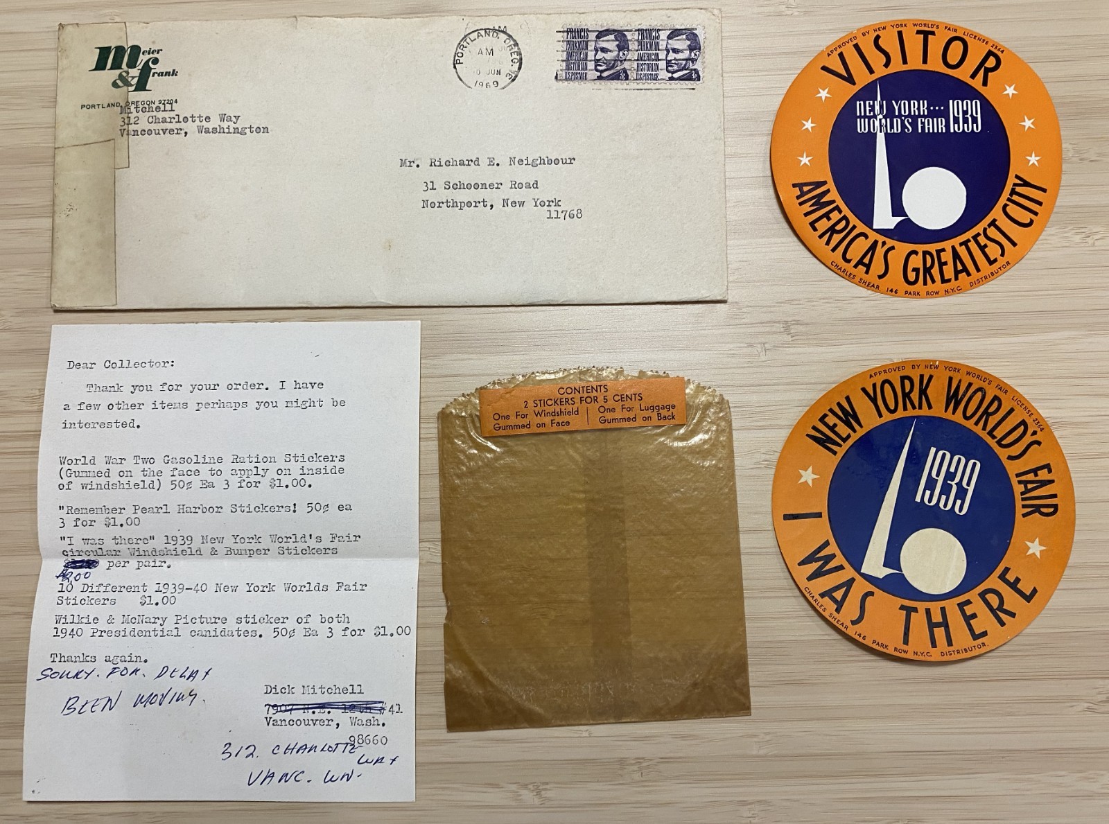 1939 NY World\'s Fair Decals With Mailer and Original Envelope