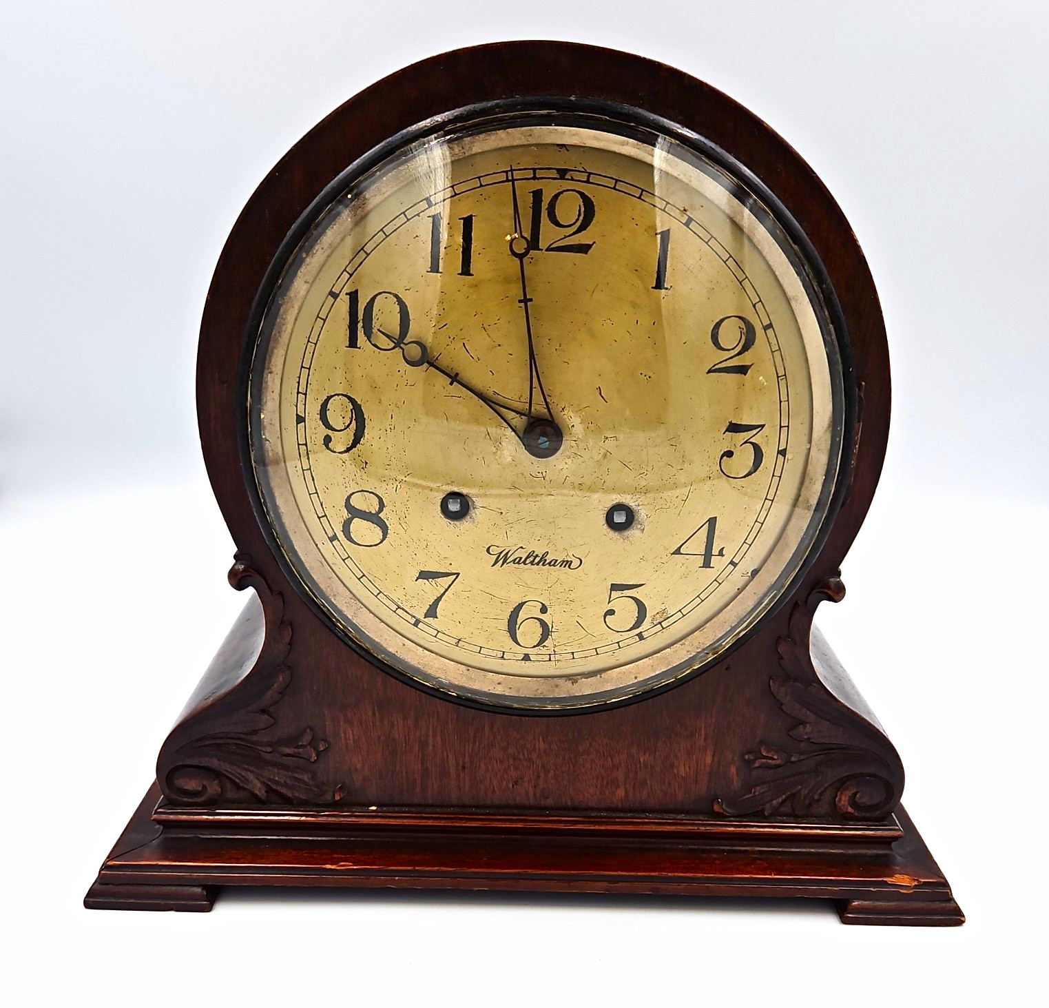 Waltham Mechanical Wind Up Mantel Clock Wood Case Glass Door Brass Analog