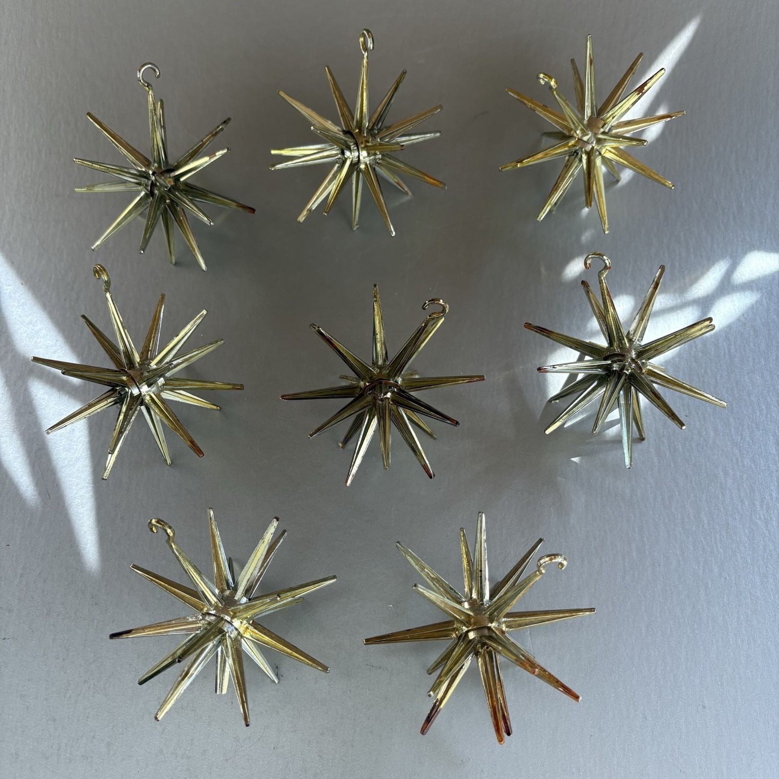 8 Vintage Large Bradford Ornament MCM ATOMIC SPUTNIK Metallic Burst Star Plastic