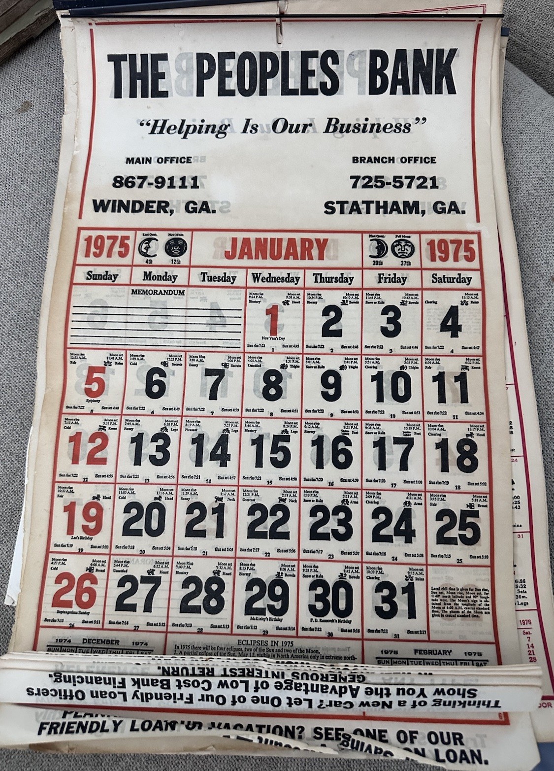 1975 Peoples Bank Winder Statham GA Complete Vintage Advertising Wall Calendar