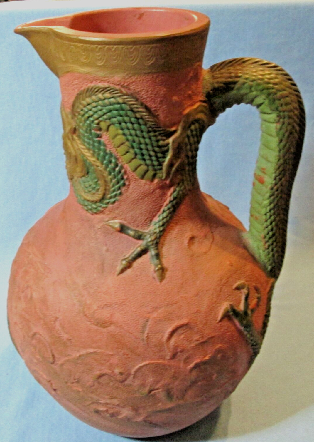 DRAGON EWER PITCHER   Antique LARGE 3-D   Asian Oriental Terracotta           tc
