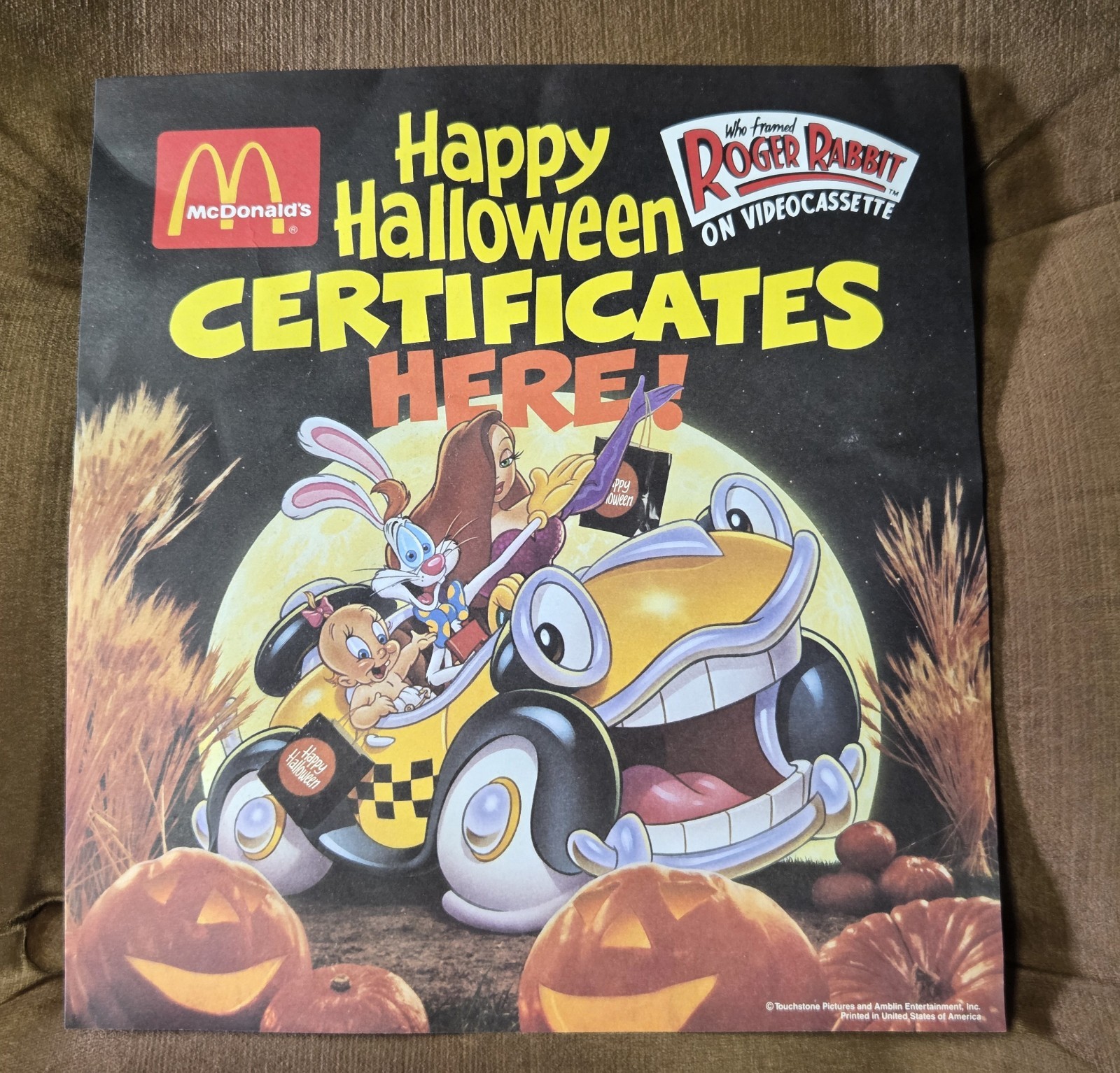 VINTAGE 1989 MCDONALDS WHO FRAMED ROGER RABBIT HALLOWEEN CERTIFICATES AD POSTER 