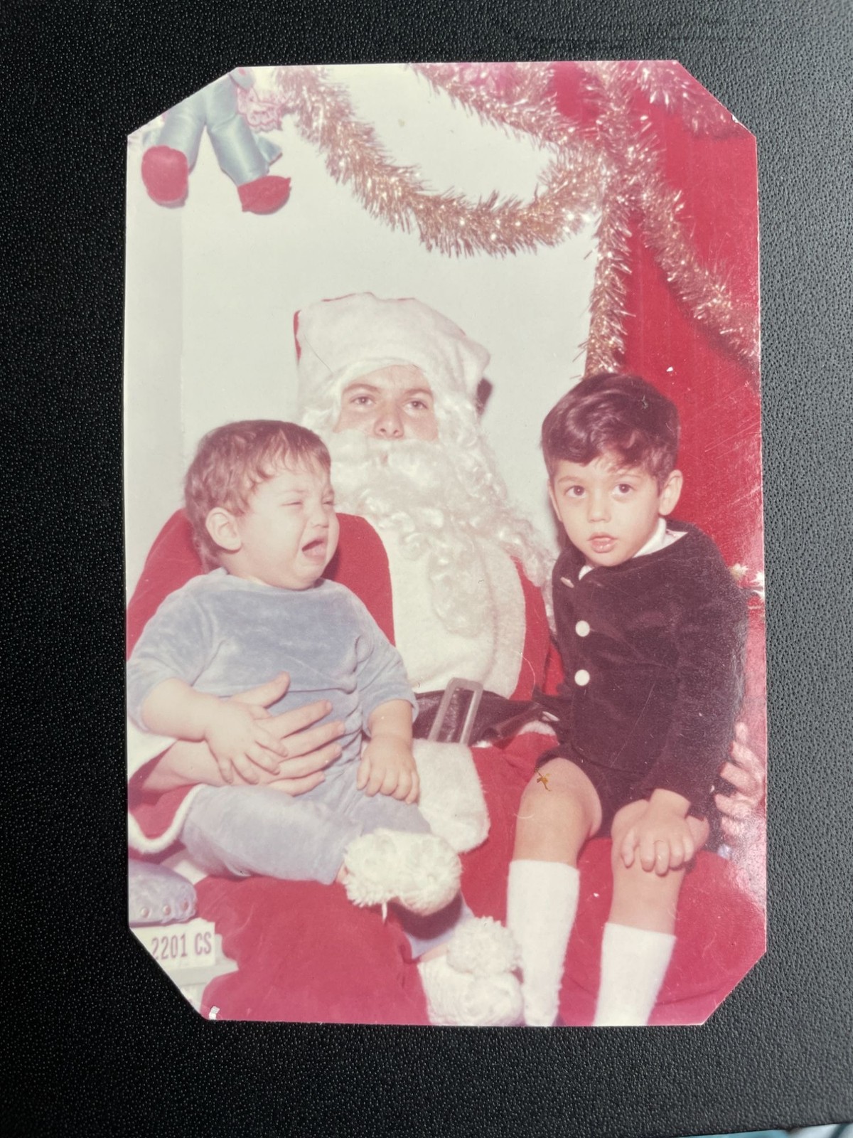 VTG Christmas Photo Santa Claus with Crying Baby & Boy Mid-Century Holiday