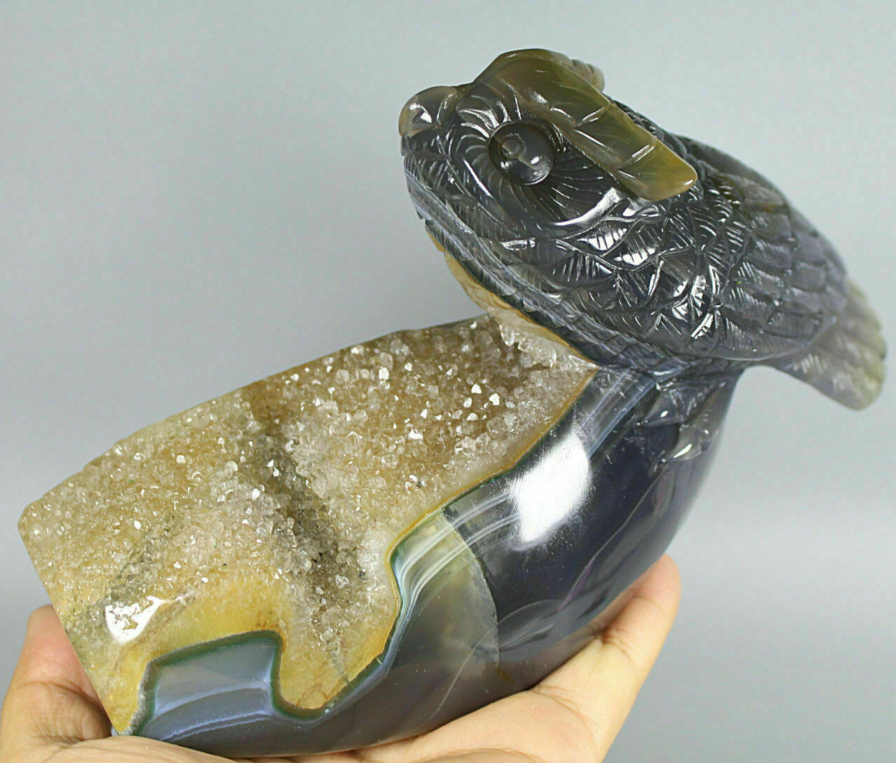 3.21LB Natural Agate Geode Crystal Carved Owl Statue Manual Healing Specimen