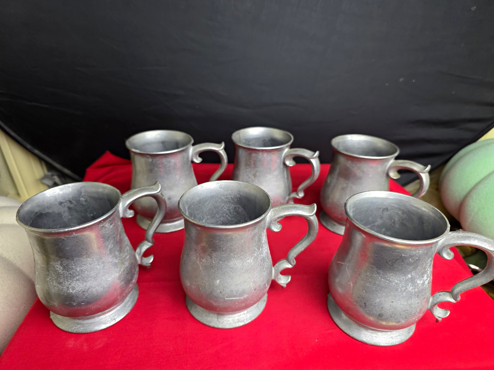 Set of 6 Pewter Mug Tankards, Matching Ornate Handles, Pewter Drinkware Set