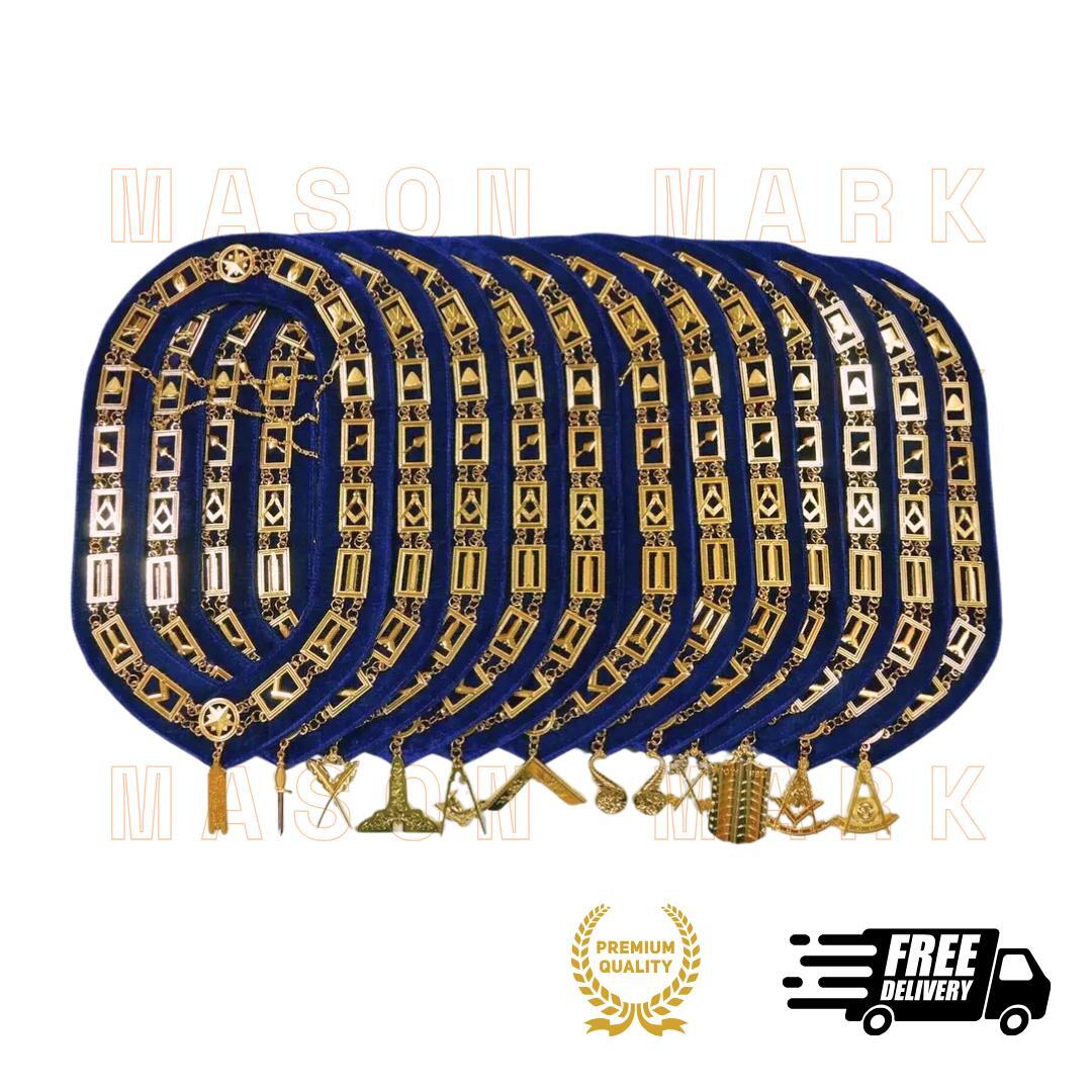 Masonic Blue Lodge Chain Collar Set with 12 Officer Jewels Golden Regalia