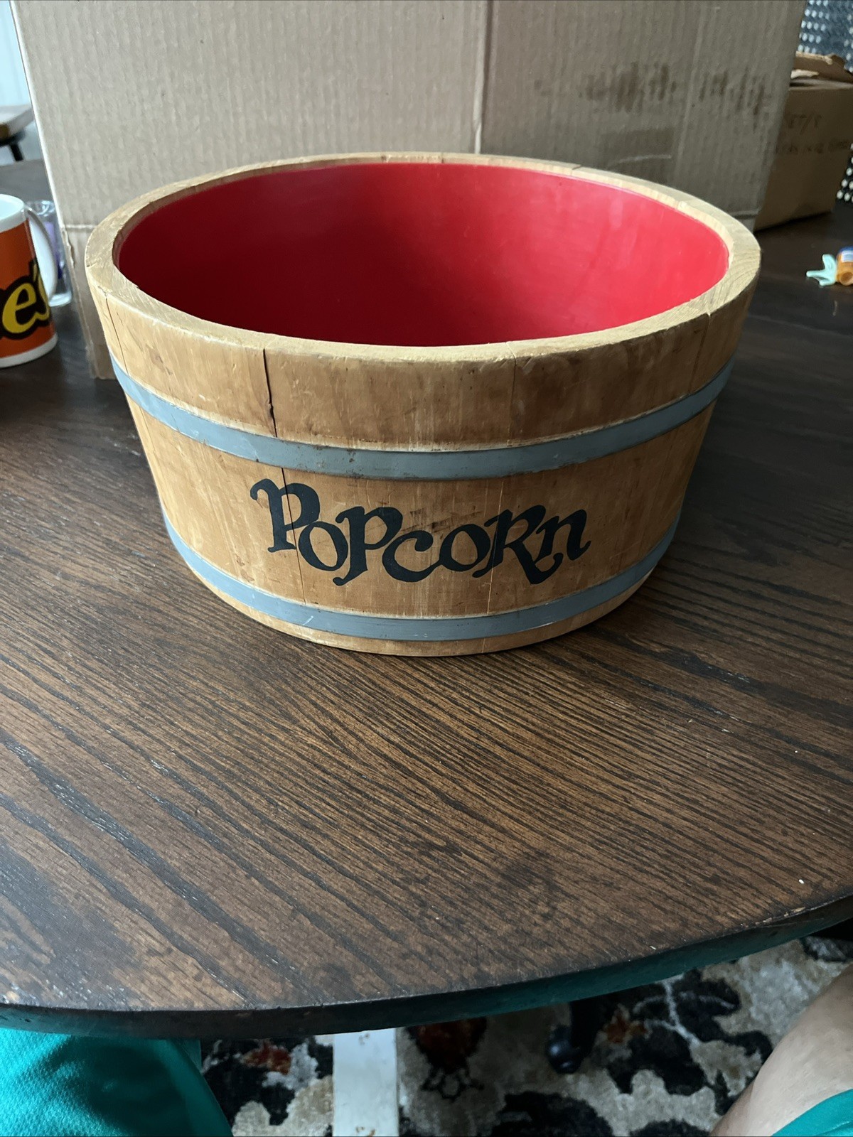 Vintage SPAULDING & FROST Co. Wooden POPCORN Barrel Bowl Dish Bucket MOVIE NIGHT