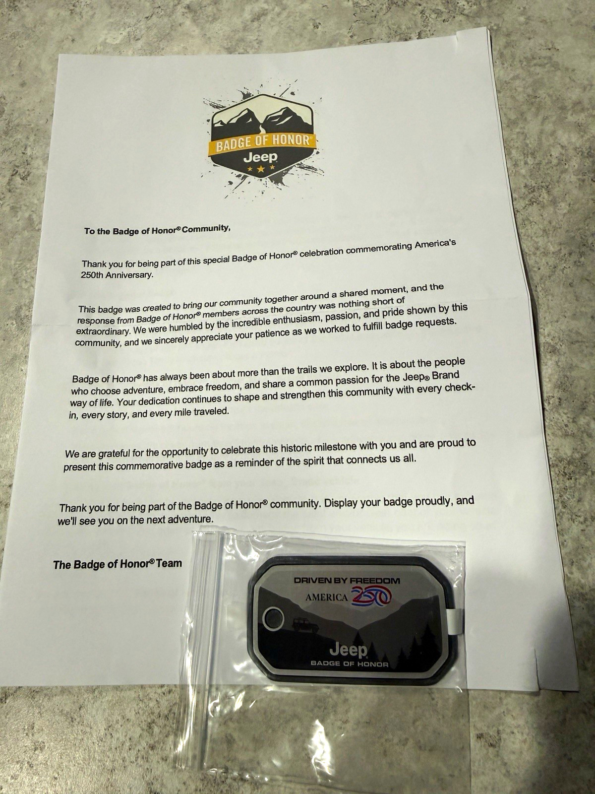 Jeep Badge of Honor Driven By Freedom America 250 Commemorative Badge 2026