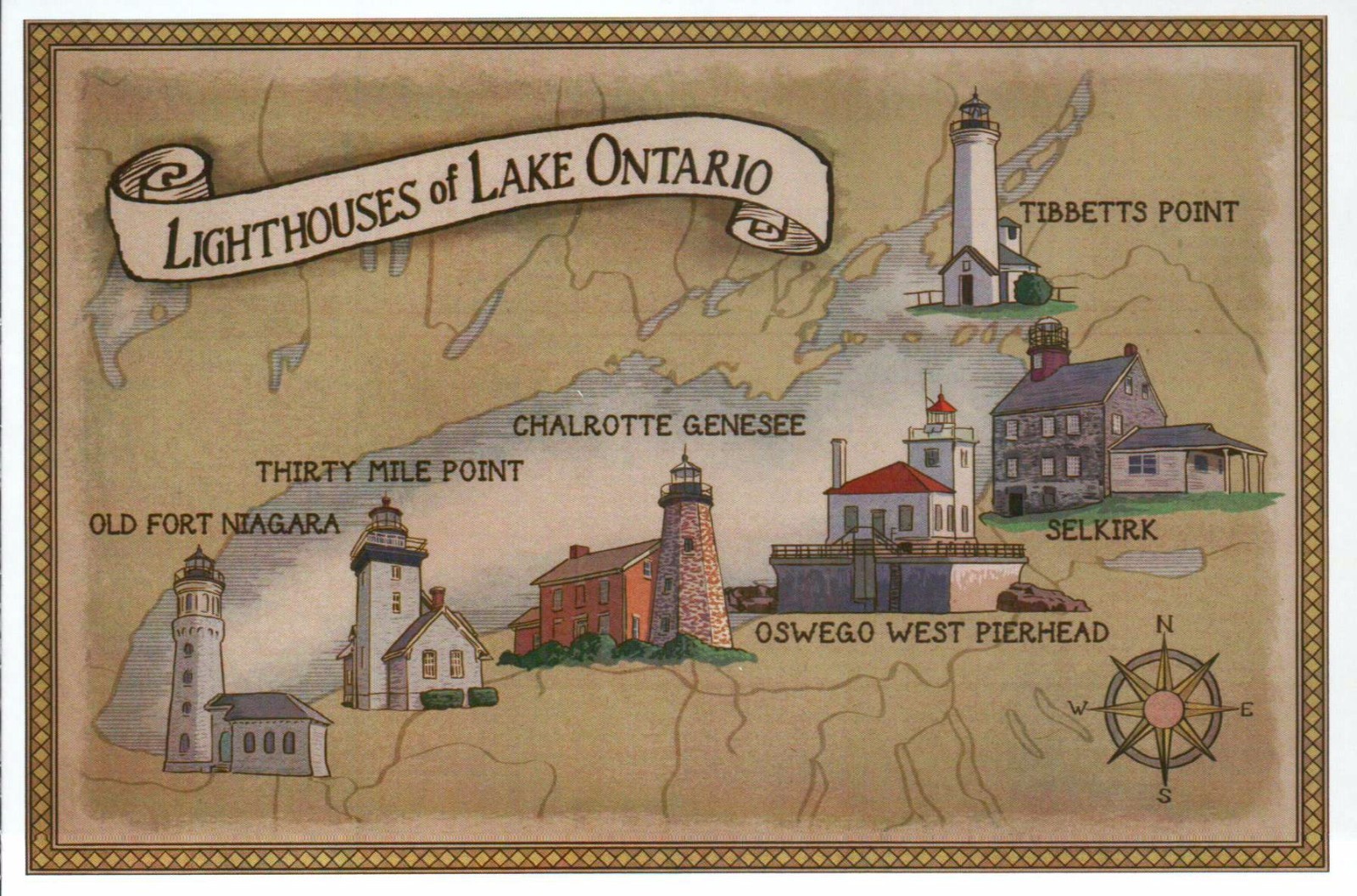 Lighthouses of Lake Ontario, Great Lakes, New York, Canada --- Modern Postcard