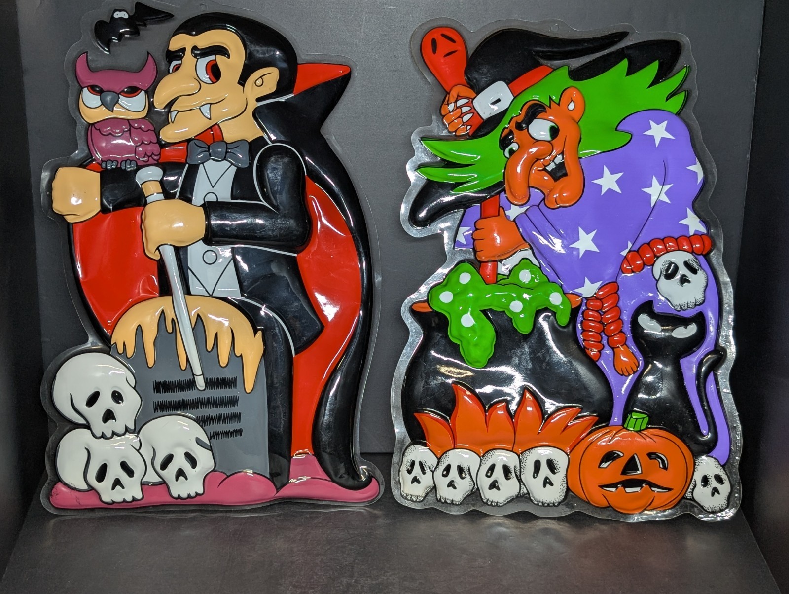 RARE Vintage Plastic 3D Vacuform Halloween Witch & Vampire Wall Decoration 1980s